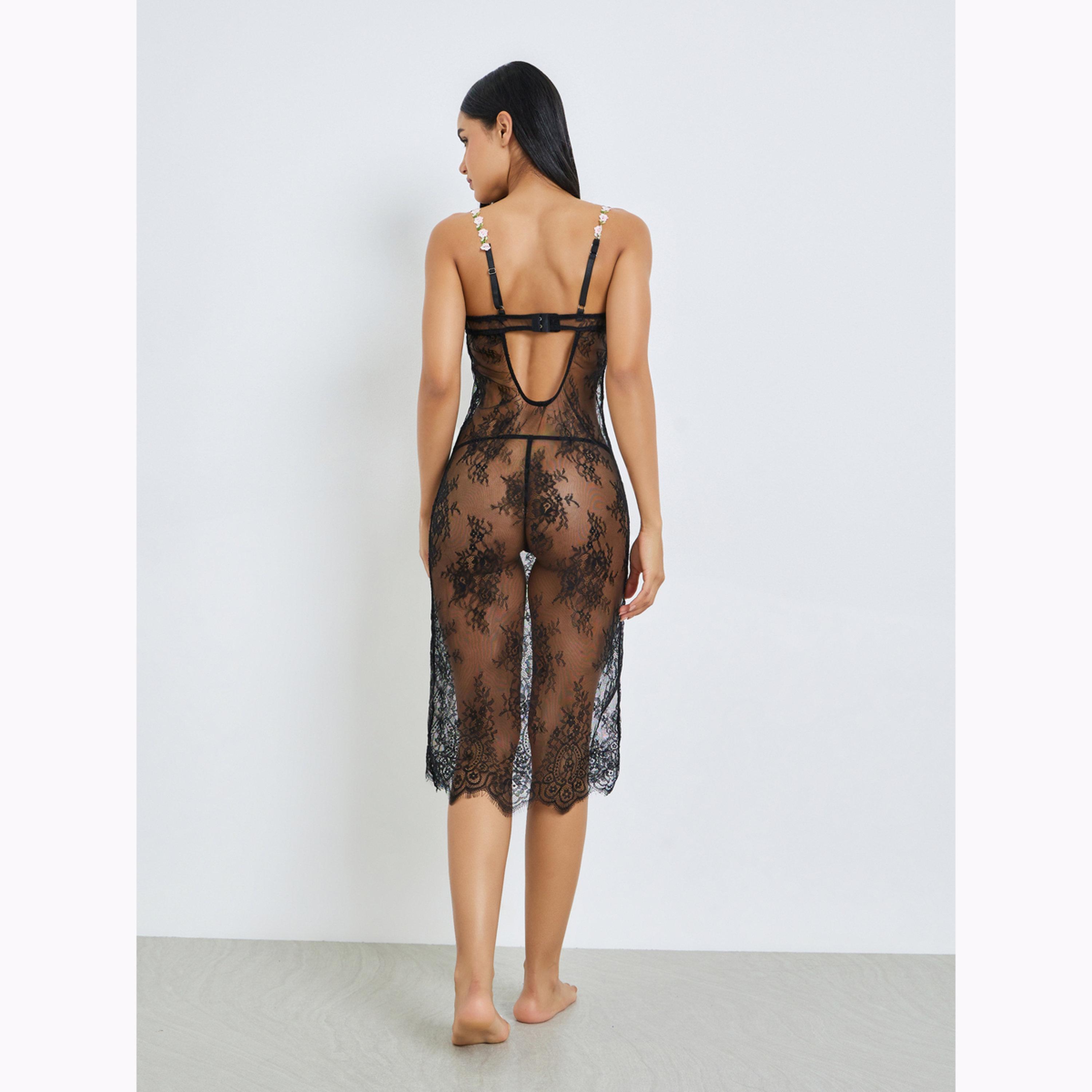 لانجري دانتيل زهور بسلك وبدون حشوة مع كيلوت بلون أسود-women-clothing-lingerie-babydollsandbodysuits-image-3