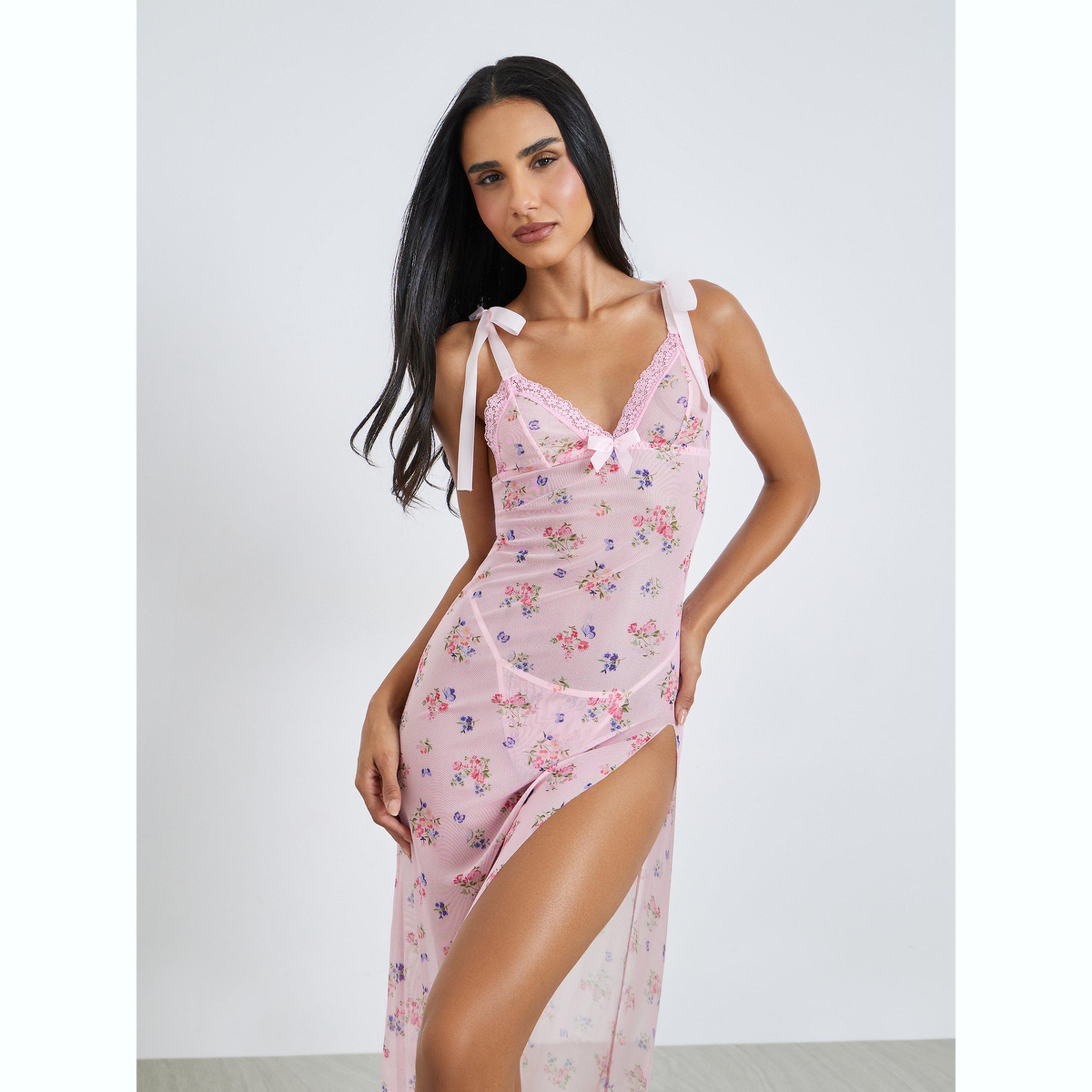 Styli Light Pink Floral Slip with Thigh High Slit and Brief-women-clothing-lingerie-babydollsandbodysuits-image-2