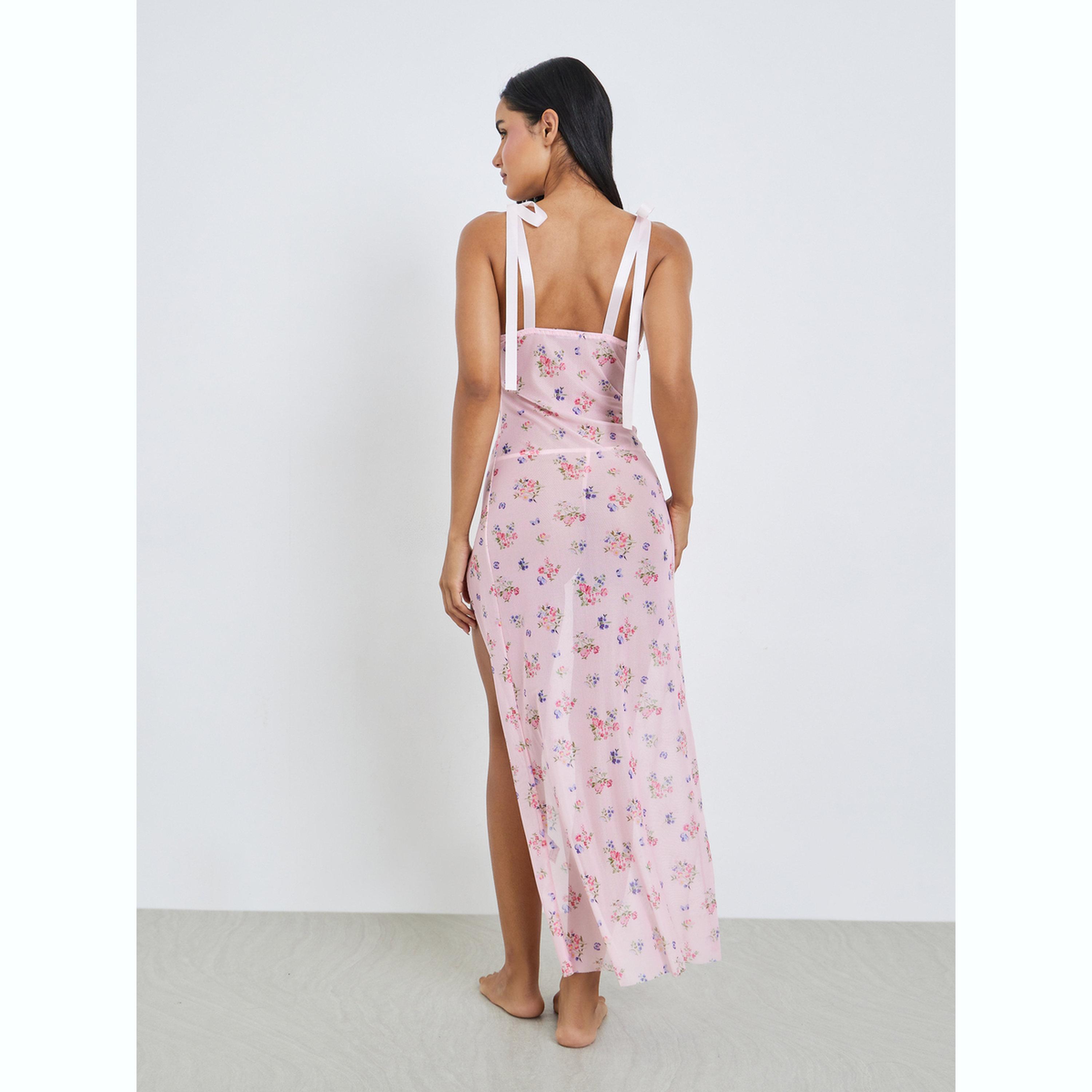 Styli Light Pink Floral Slip with Thigh High Slit and Brief-women-clothing-lingerie-babydollsandbodysuits-image-3