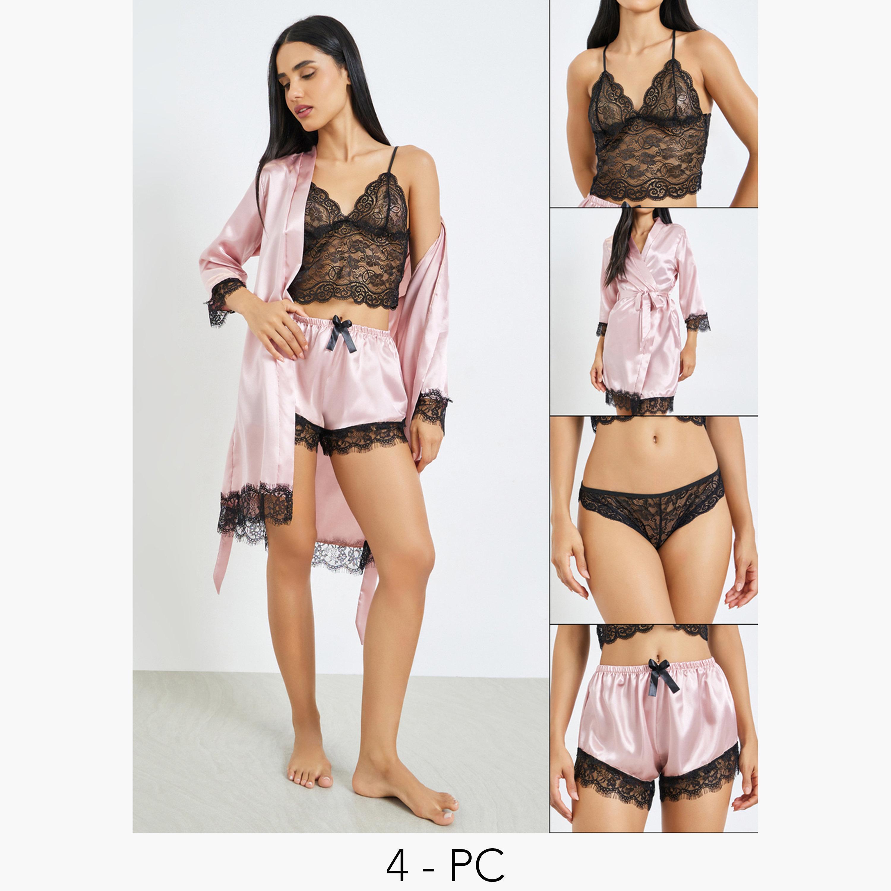 Styli Pack of 4 - Lace Non Padded Non Wired Bralette, Brief, Shorts and Robe Set-women-clothing-lingerie-lingeriesets-image-1