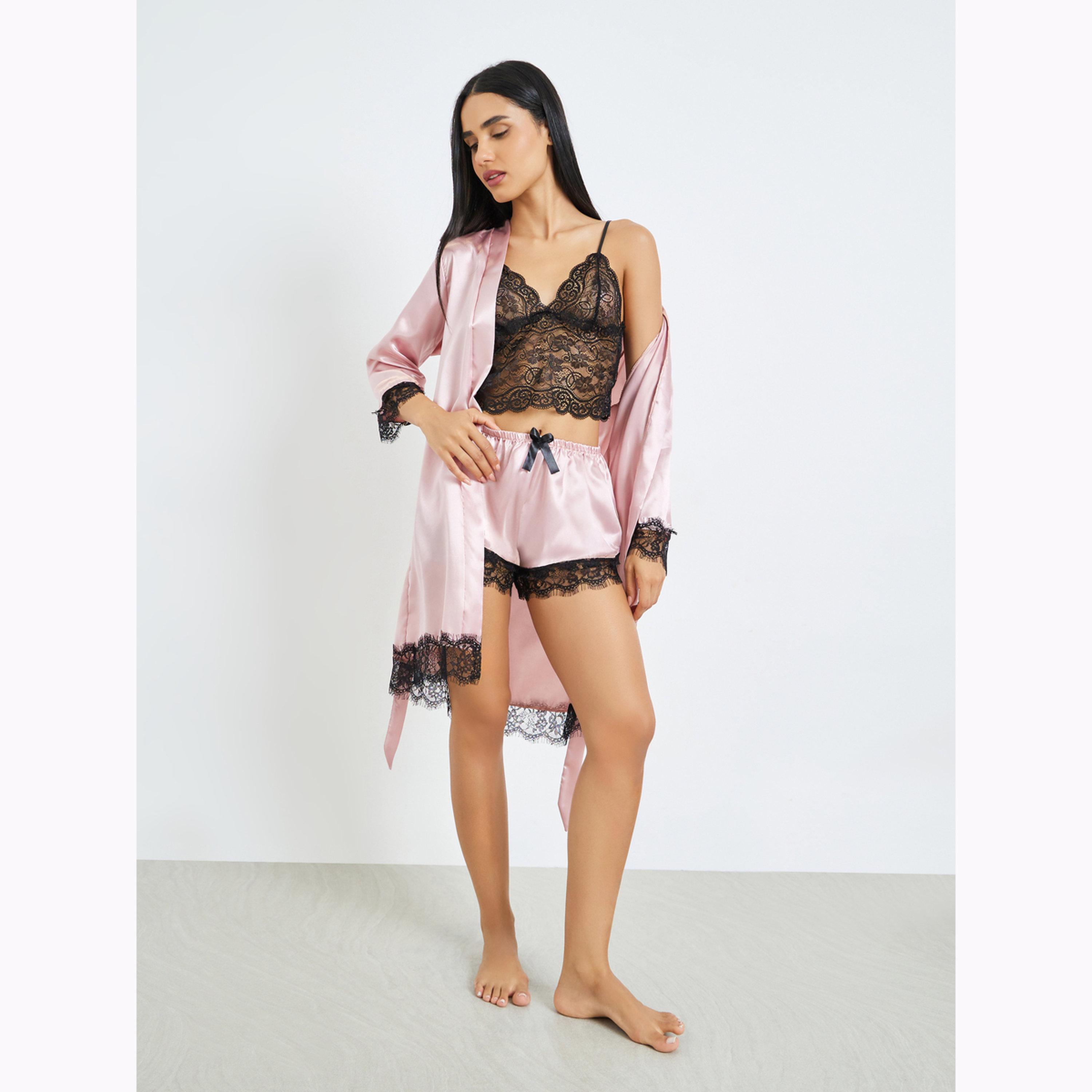 Styli Pack of 4 - Lace Non Padded Non Wired Bralette, Brief, Shorts and Robe Set-women-clothing-lingerie-lingeriesets-image-2