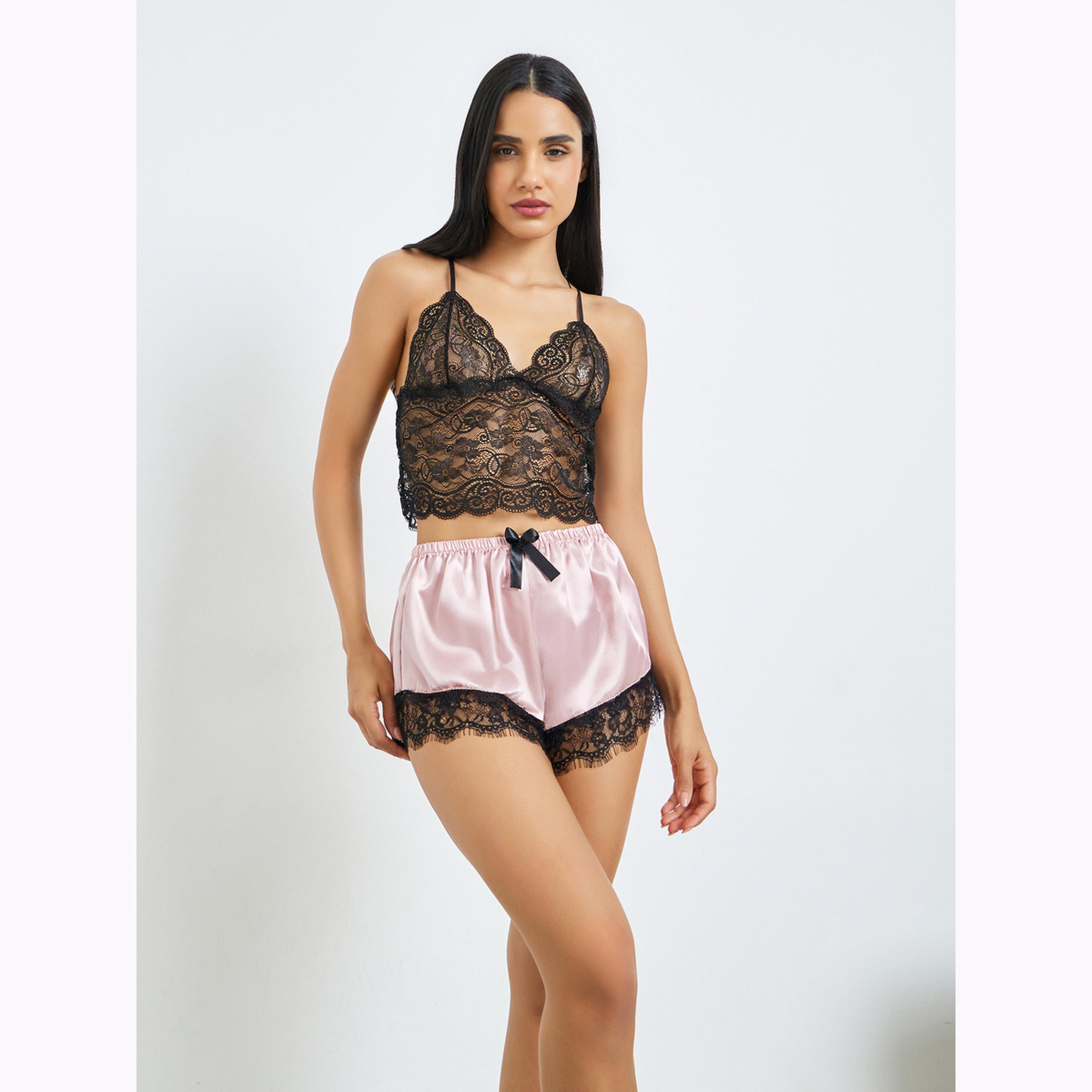 Styli Pack of 4 - Lace Non Padded Non Wired Bralette, Brief, Shorts and Robe Set-women-clothing-lingerie-lingeriesets-image-4