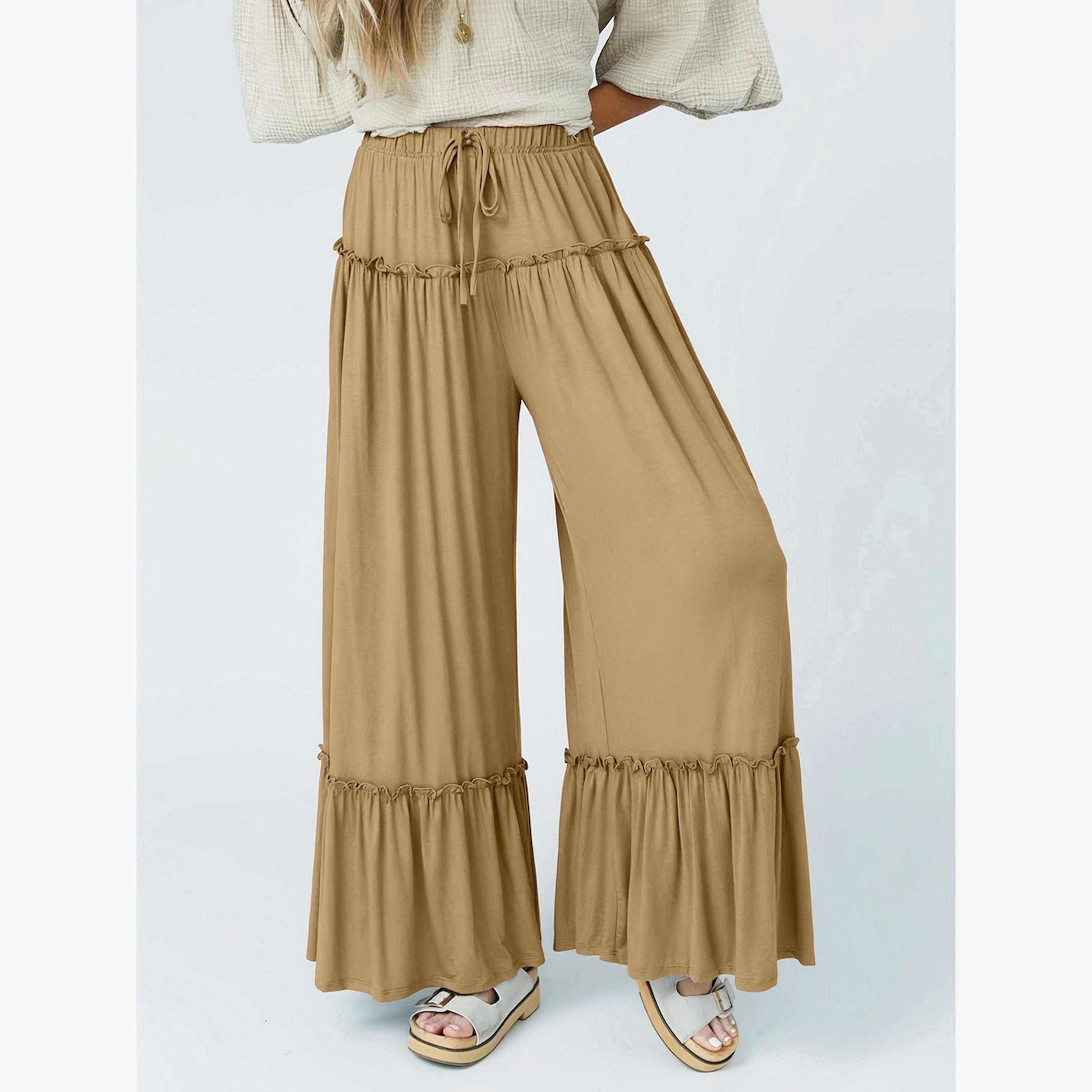 بنطال بأرجل واسعة وتفاصيل كشكش مع رباط خصر-women-clothing-bottoms-joggers-image-1