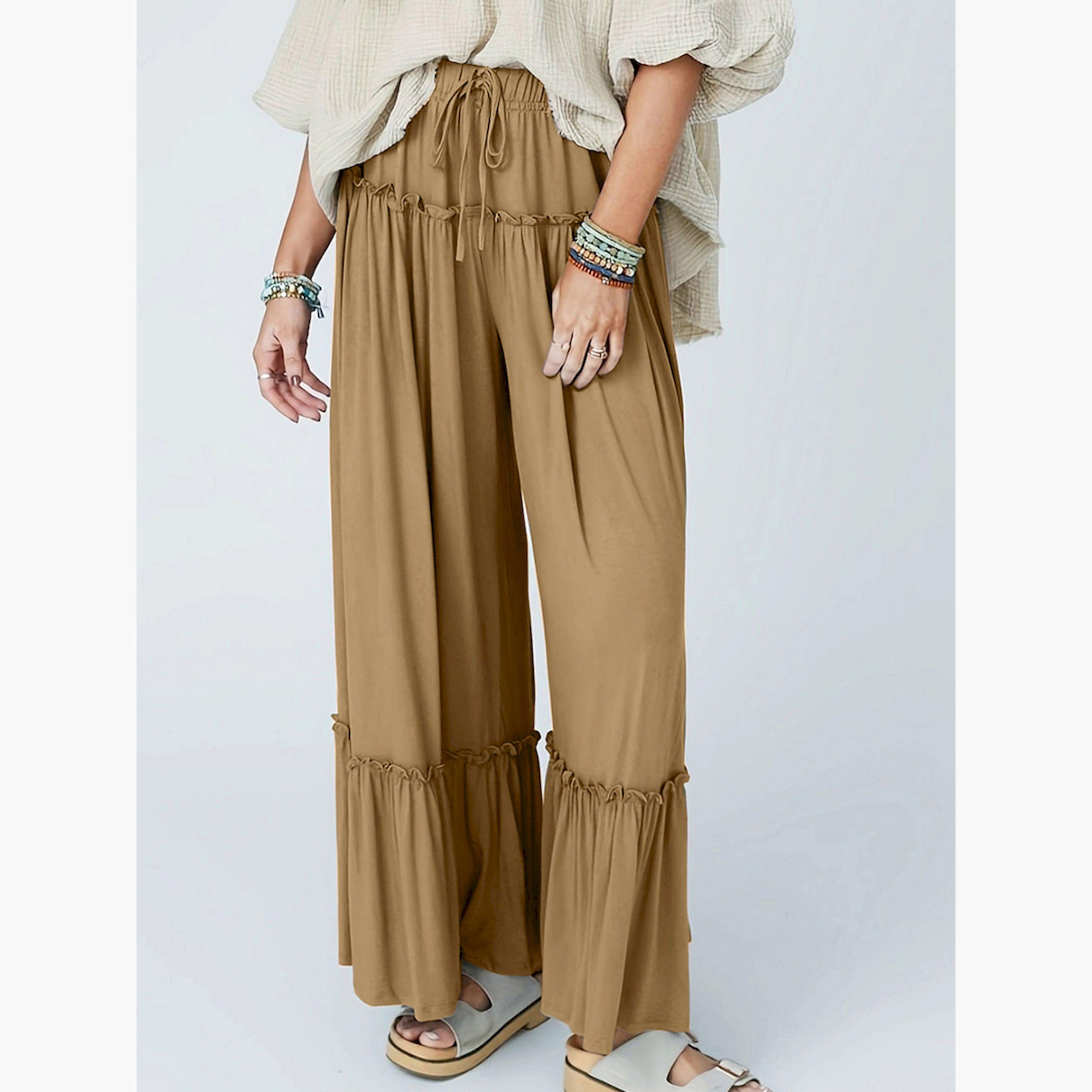 بنطال بأرجل واسعة وتفاصيل كشكش مع رباط خصر-women-clothing-bottoms-joggers-image-2