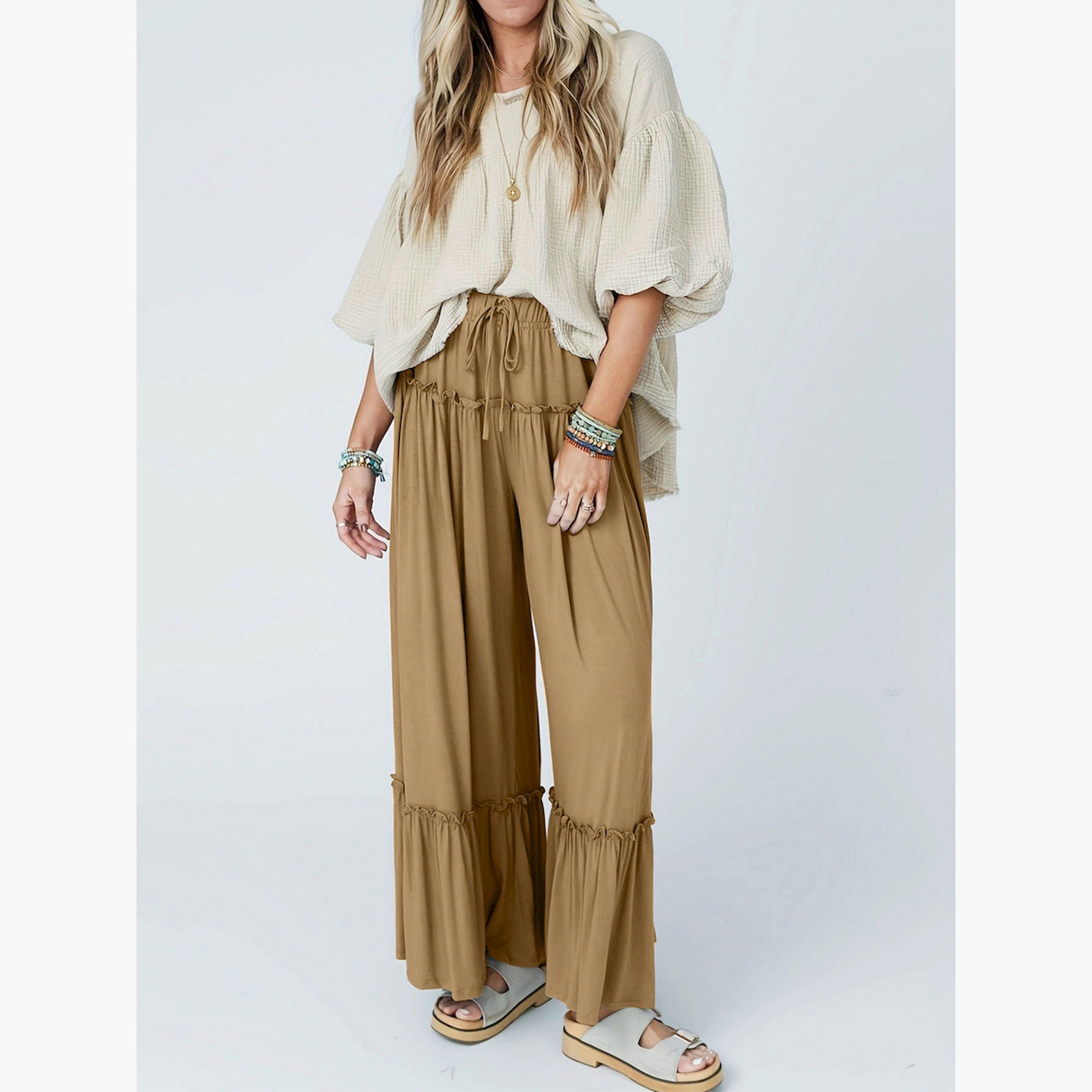 بنطال بأرجل واسعة وتفاصيل كشكش مع رباط خصر-women-clothing-bottoms-joggers-image-6