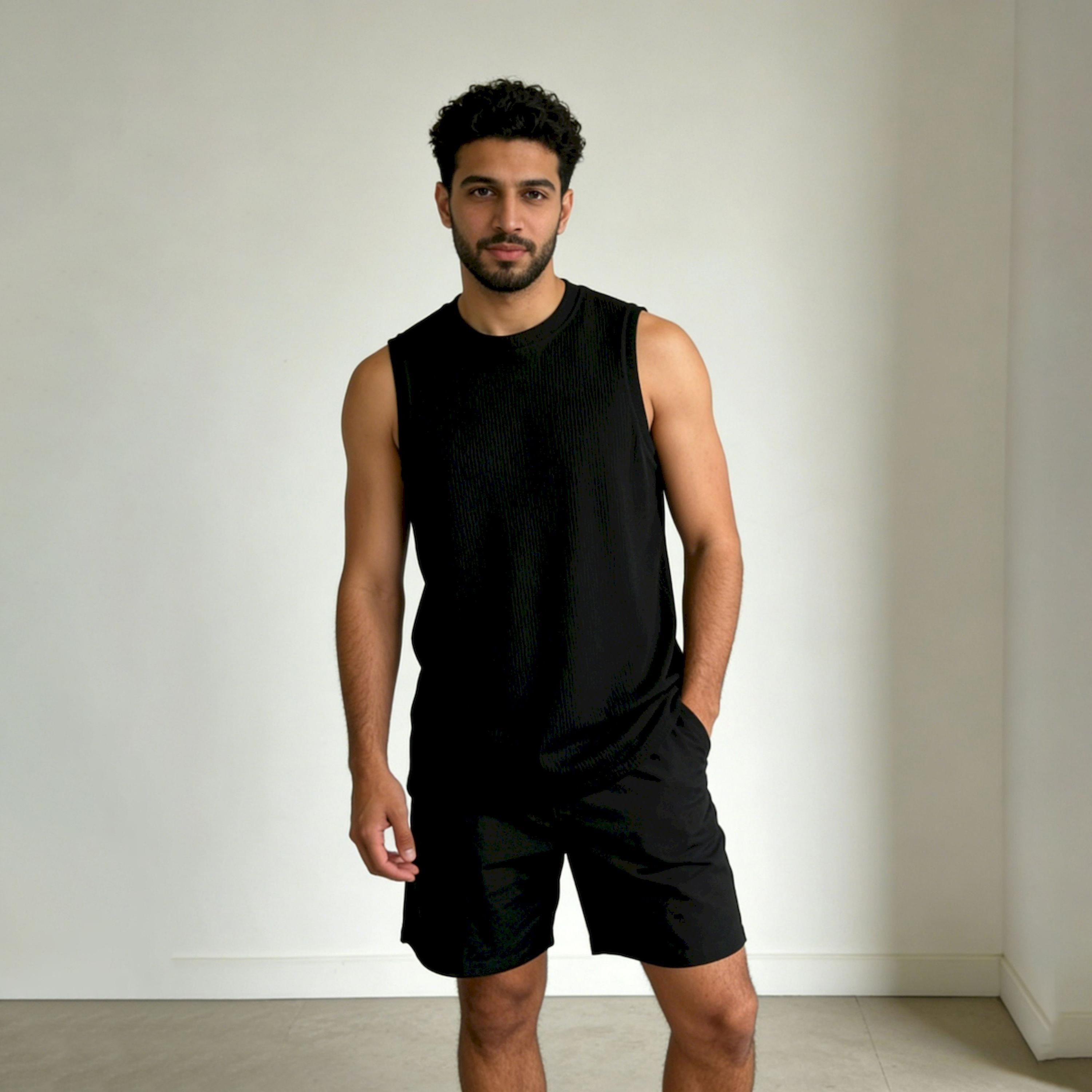 Take Two Men Black Solid Round Neck Tank and Shorts Co-Ords-men-clothing-coordsets-image-1