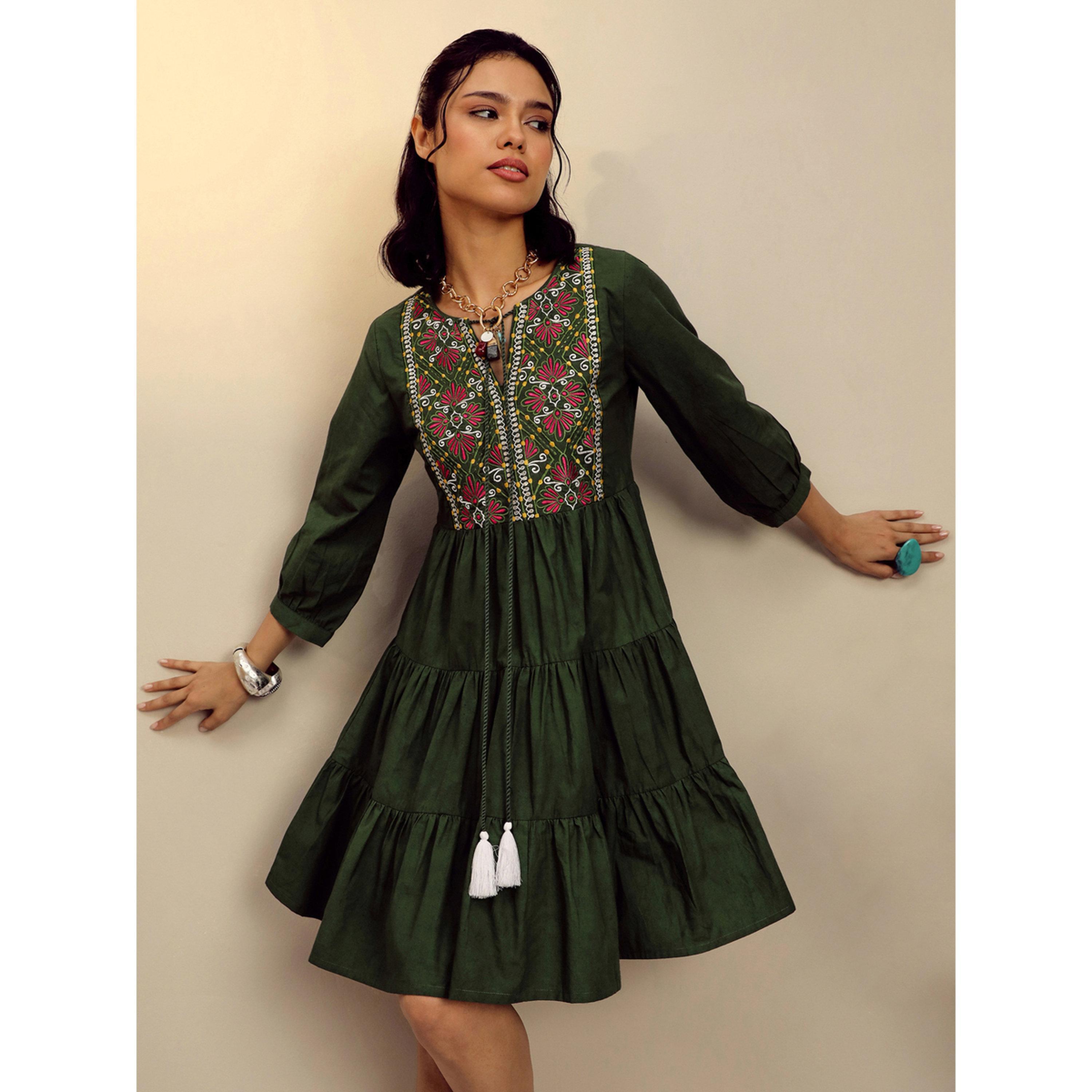 Sassafras X Styli Olive Poplin Embroidered Gathered Knee Length Dress-women-clothing-dresses-image-1