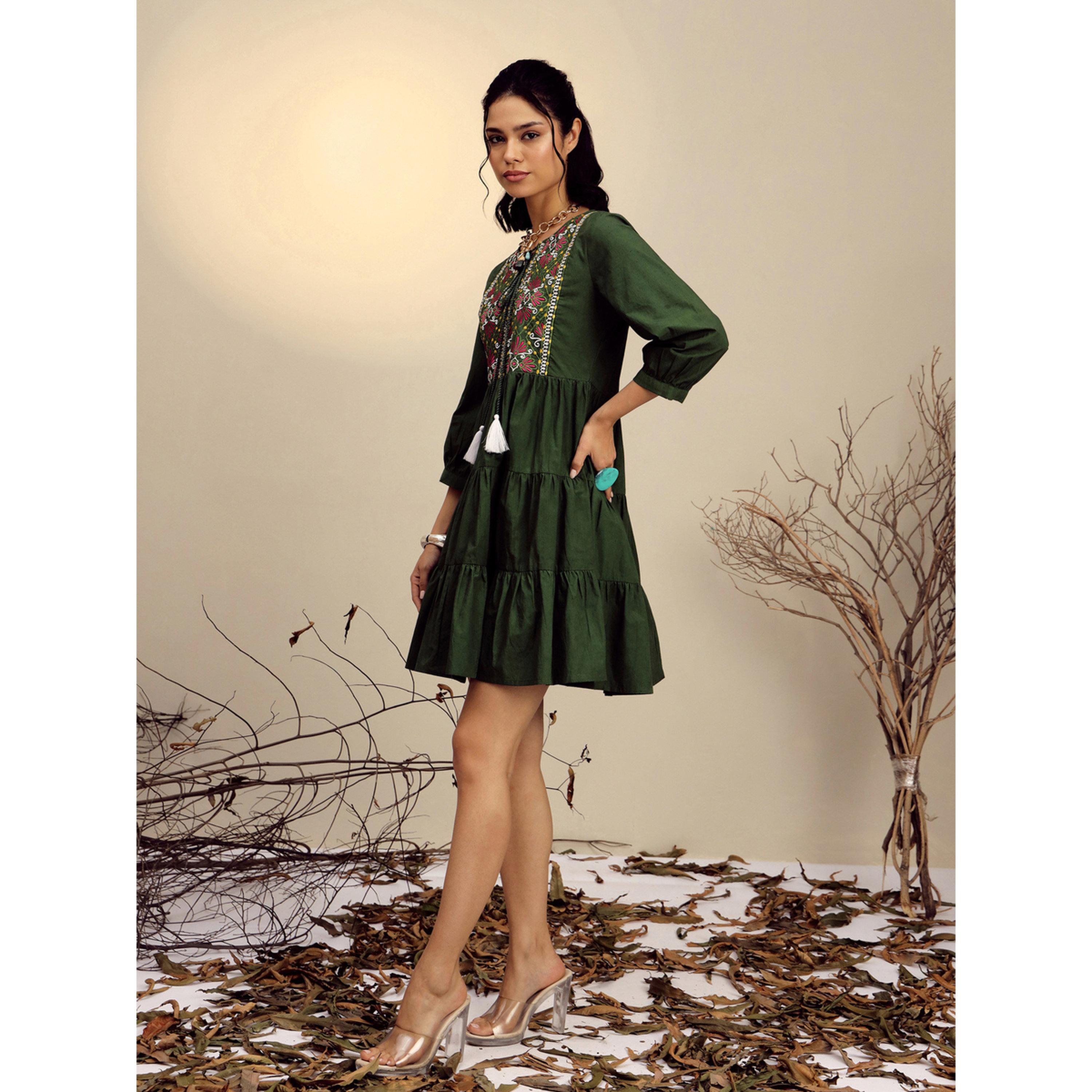 Sassafras X Styli Olive Poplin Embroidered Gathered Knee Length Dress-women-clothing-dresses-image-3