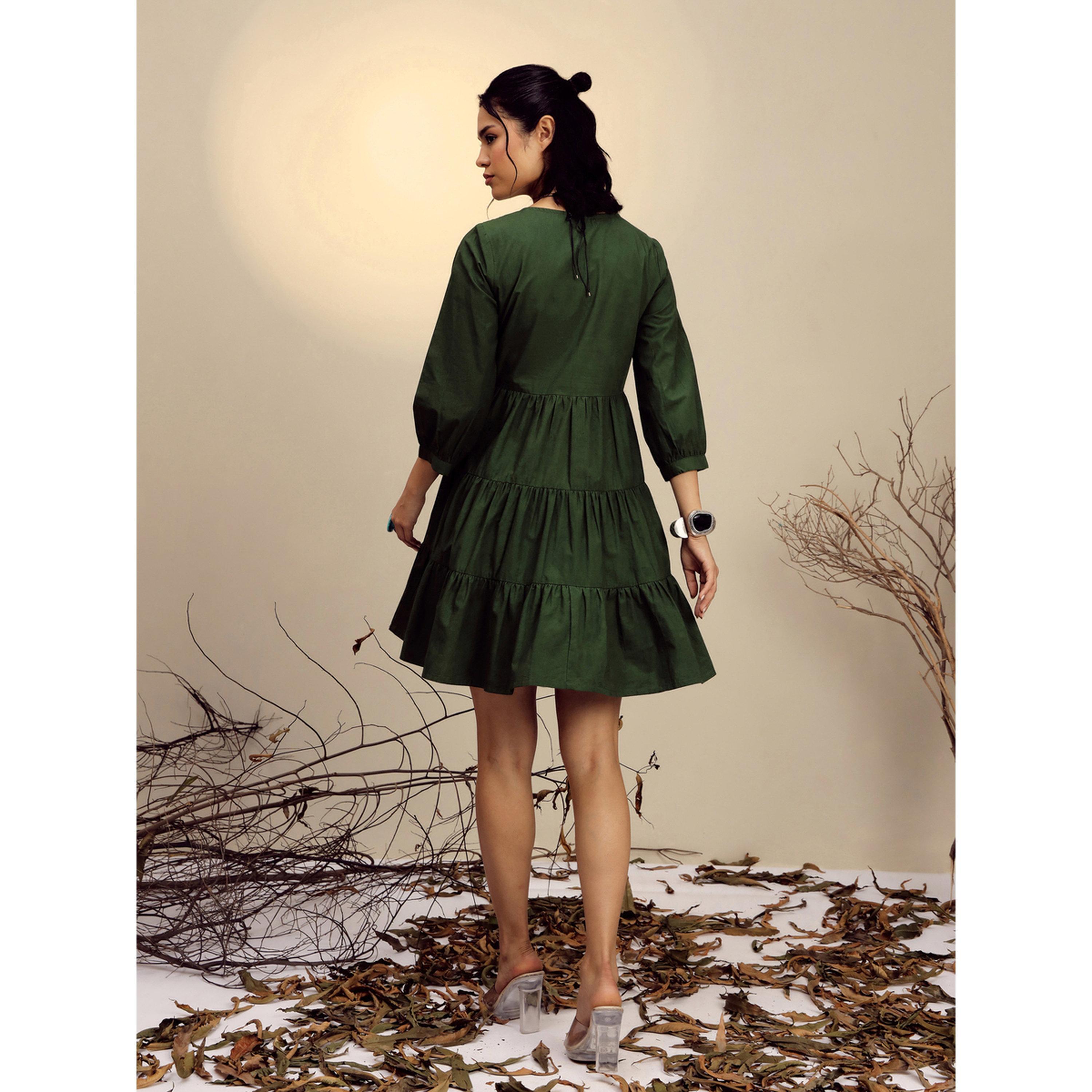 Sassafras X Styli Olive Poplin Embroidered Gathered Knee Length Dress-women-clothing-dresses-image-5