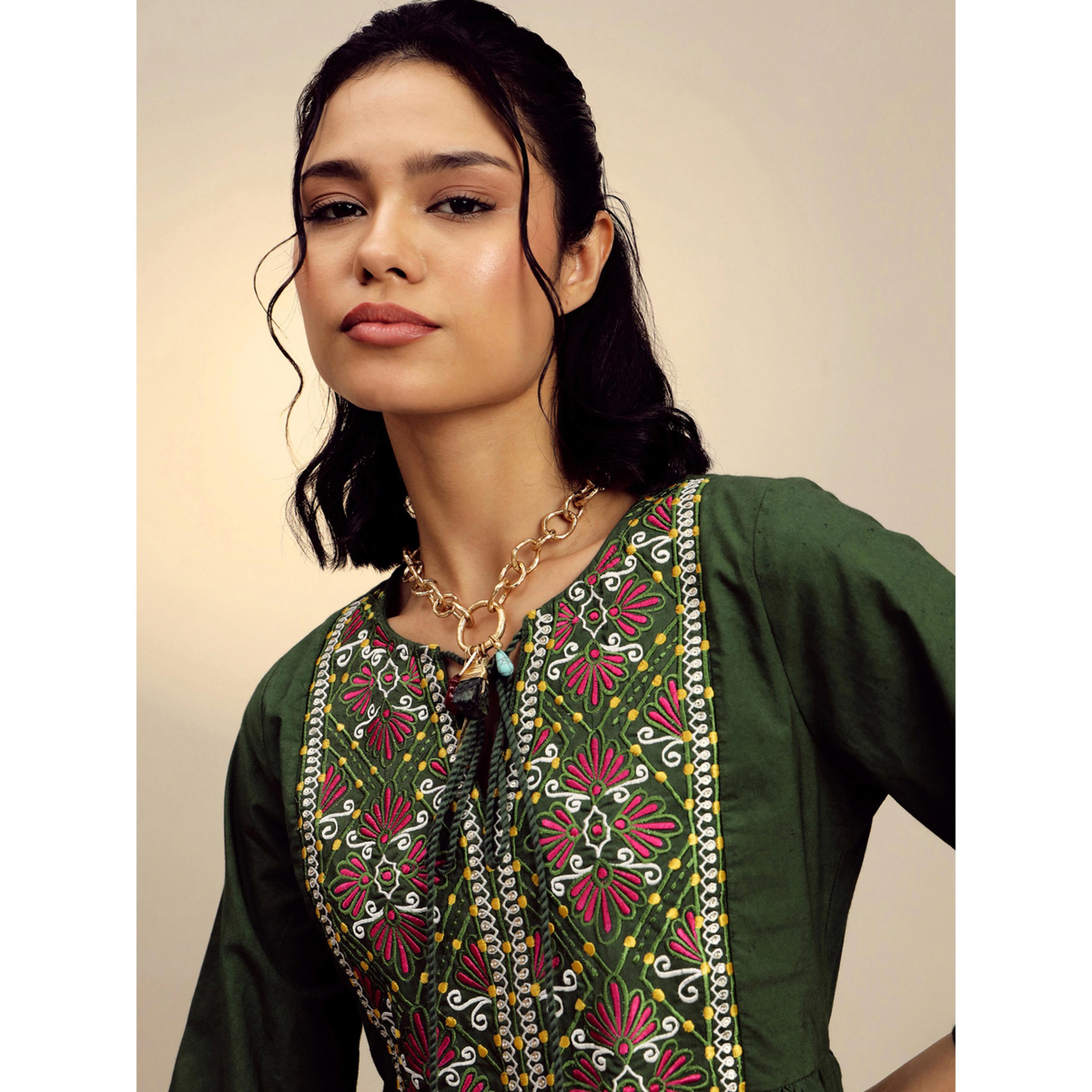 Sassafras X Styli Olive Poplin Embroidered Gathered Knee Length Dress-women-clothing-dresses-image-6