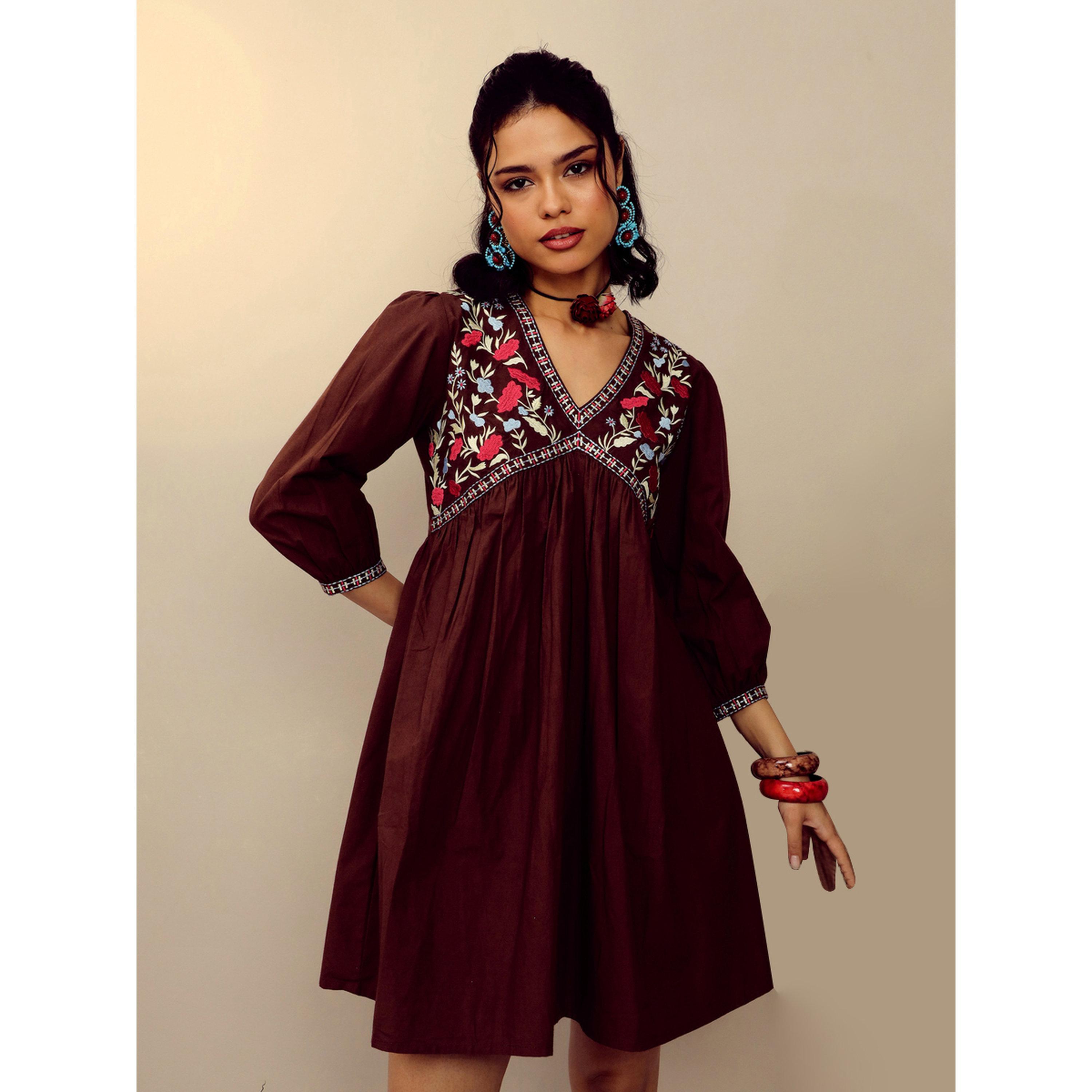 Sassafras X Styli Brown Poplin Embroidered Gathered Mini Dress-women-clothing-dresses-image-1