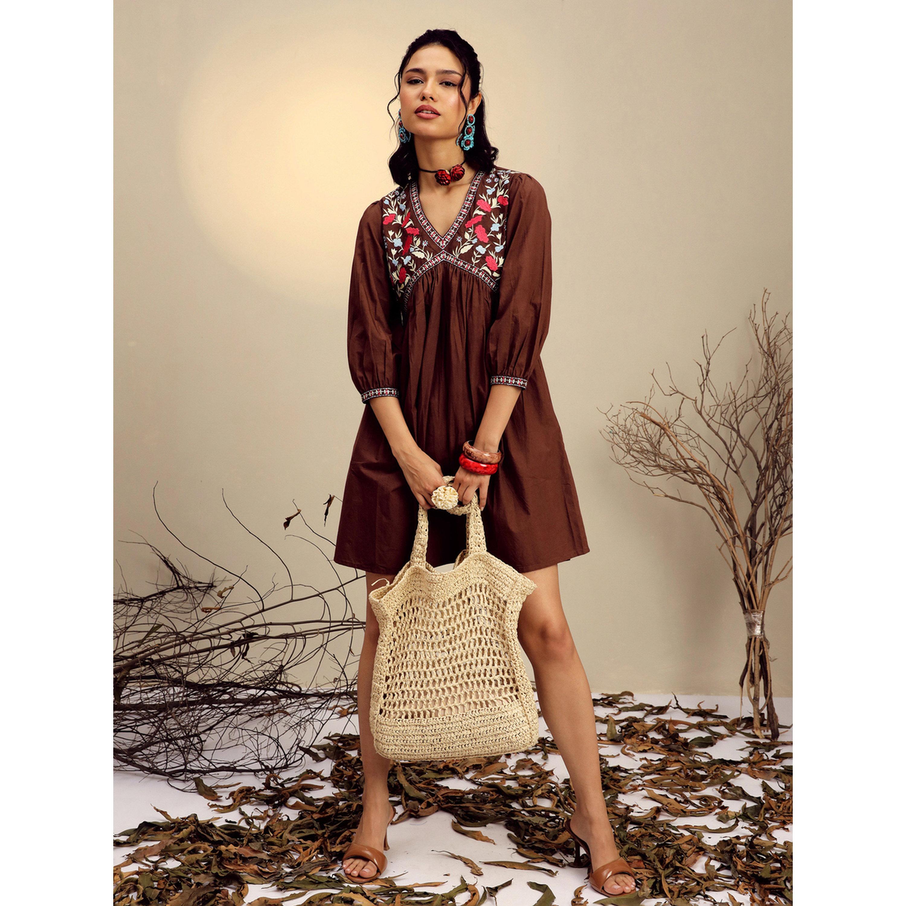 Sassafras X Styli Brown Poplin Embroidered Gathered Mini Dress-women-clothing-dresses-image-2
