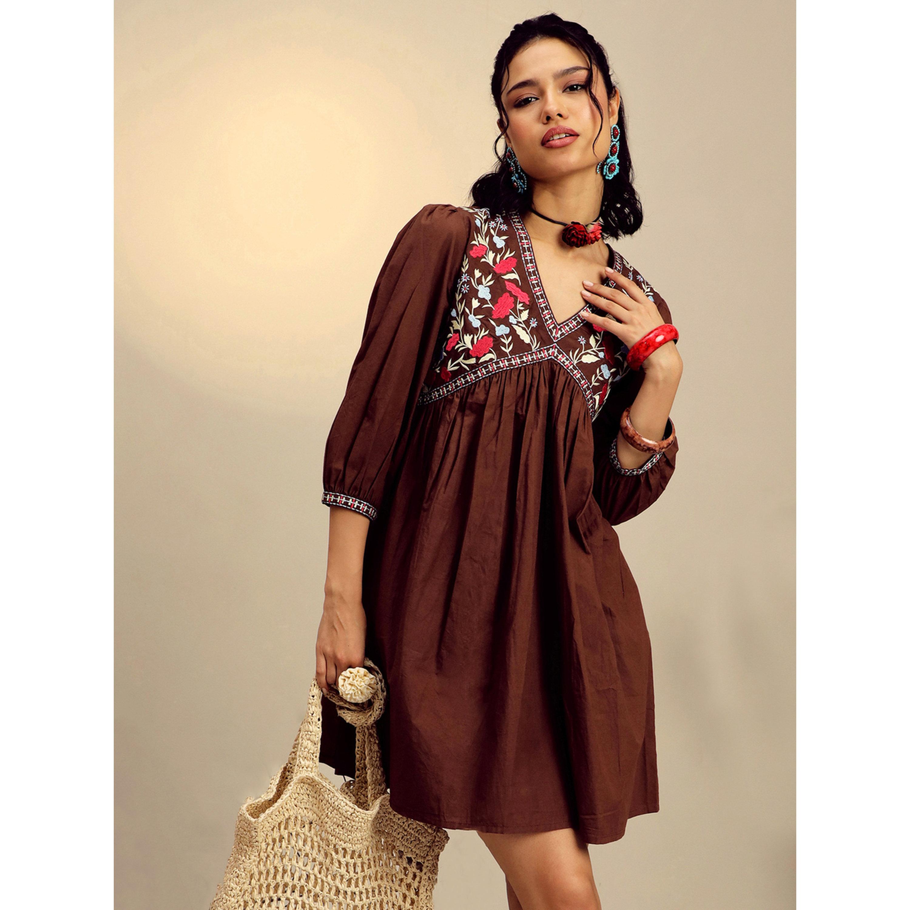 Sassafras X Styli Brown Poplin Embroidered Gathered Mini Dress-women-clothing-dresses-image-4