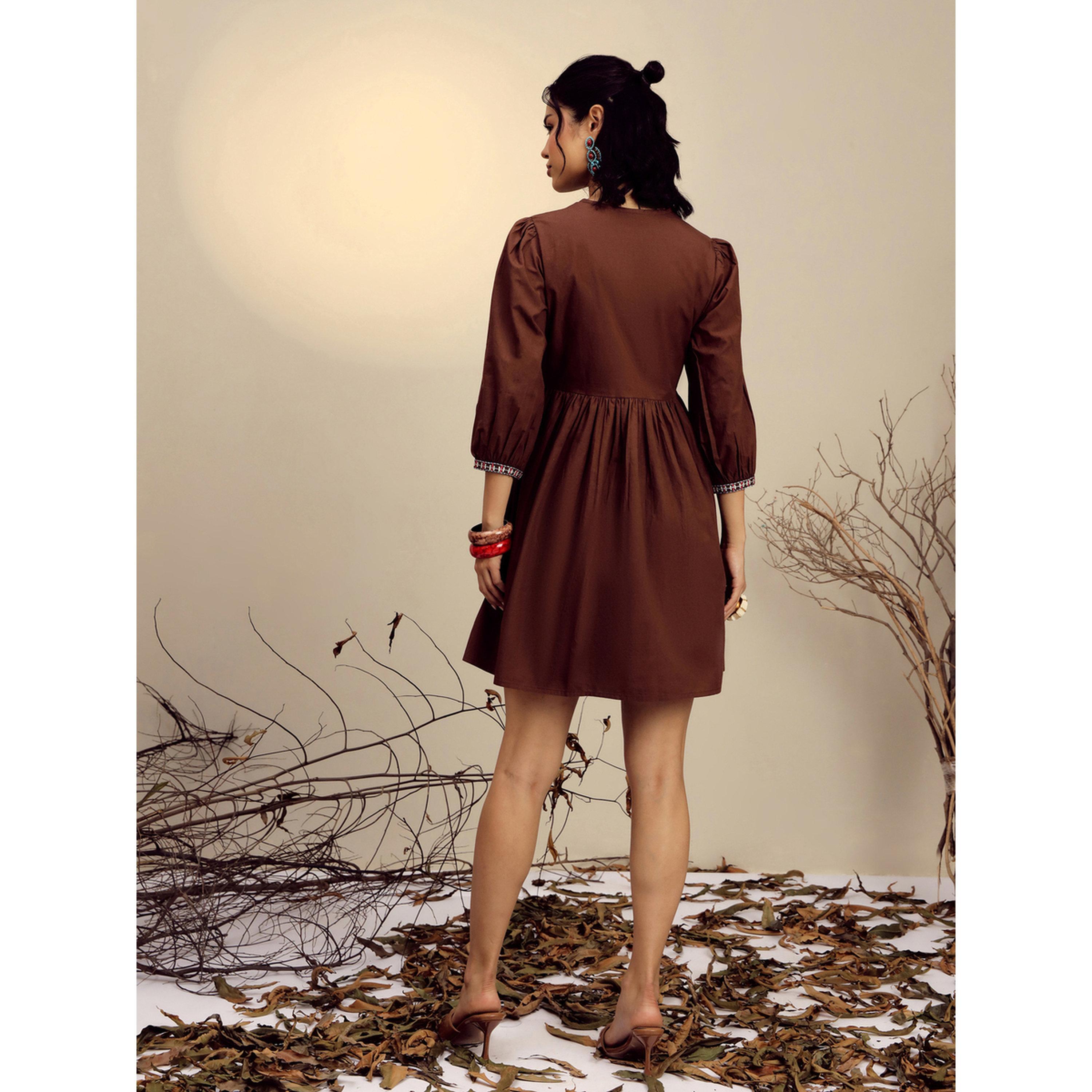 Sassafras X Styli Brown Poplin Embroidered Gathered Mini Dress-women-clothing-dresses-image-5