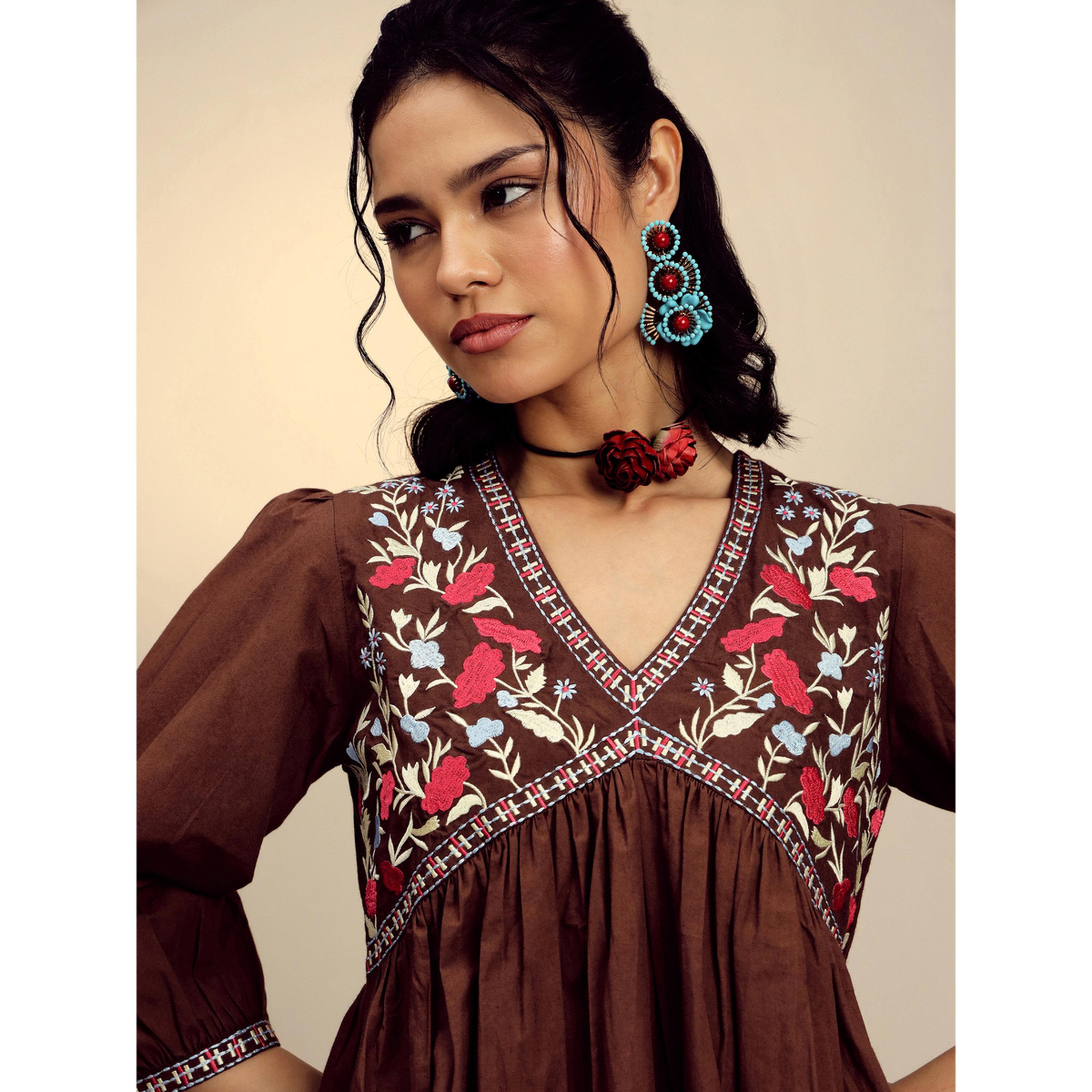 Sassafras X Styli Brown Poplin Embroidered Gathered Mini Dress-women-clothing-dresses-image-6