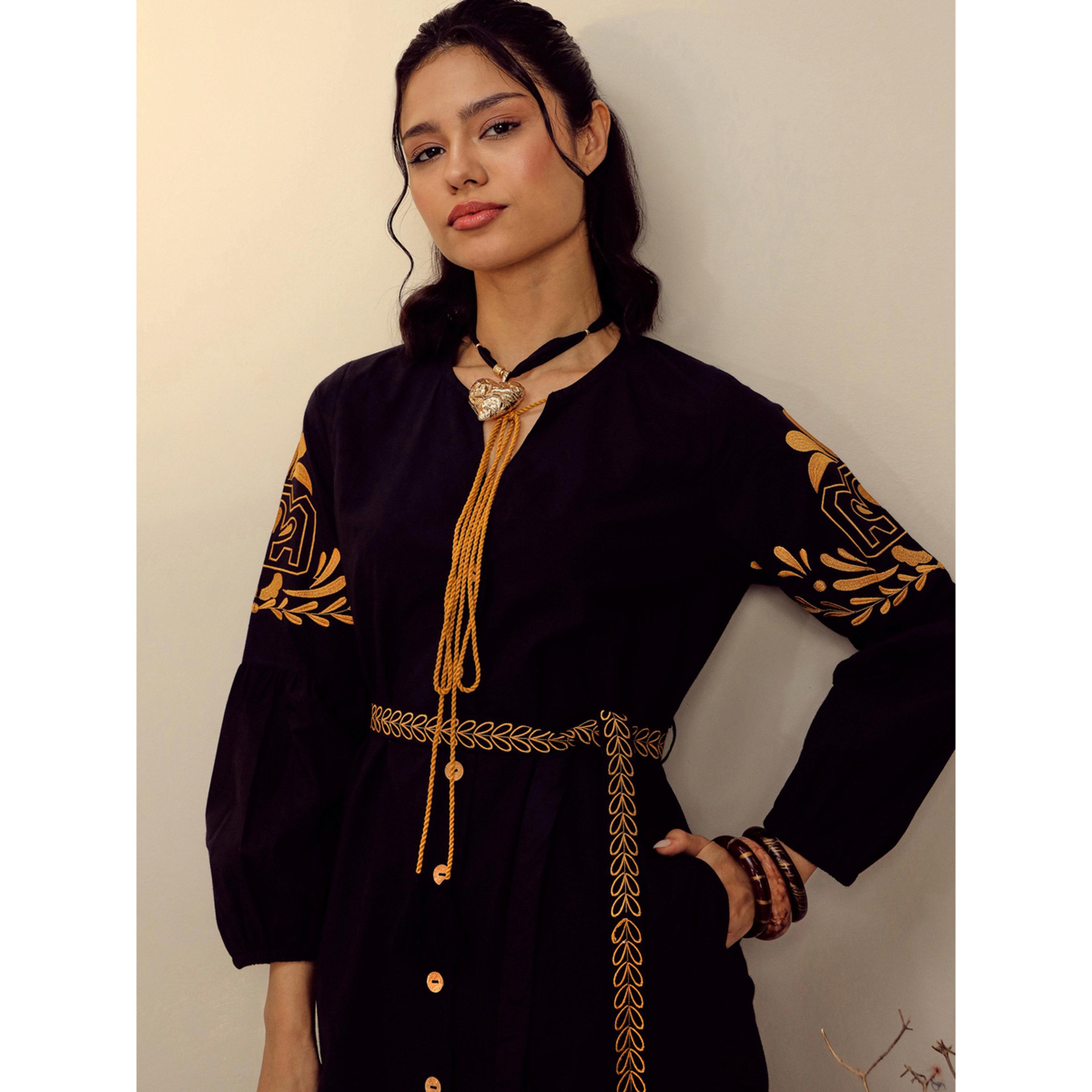 Sassafras X Styli Black Poplin Embroidered Side Slit Midi Dress-women-clothing-dresses-image-4