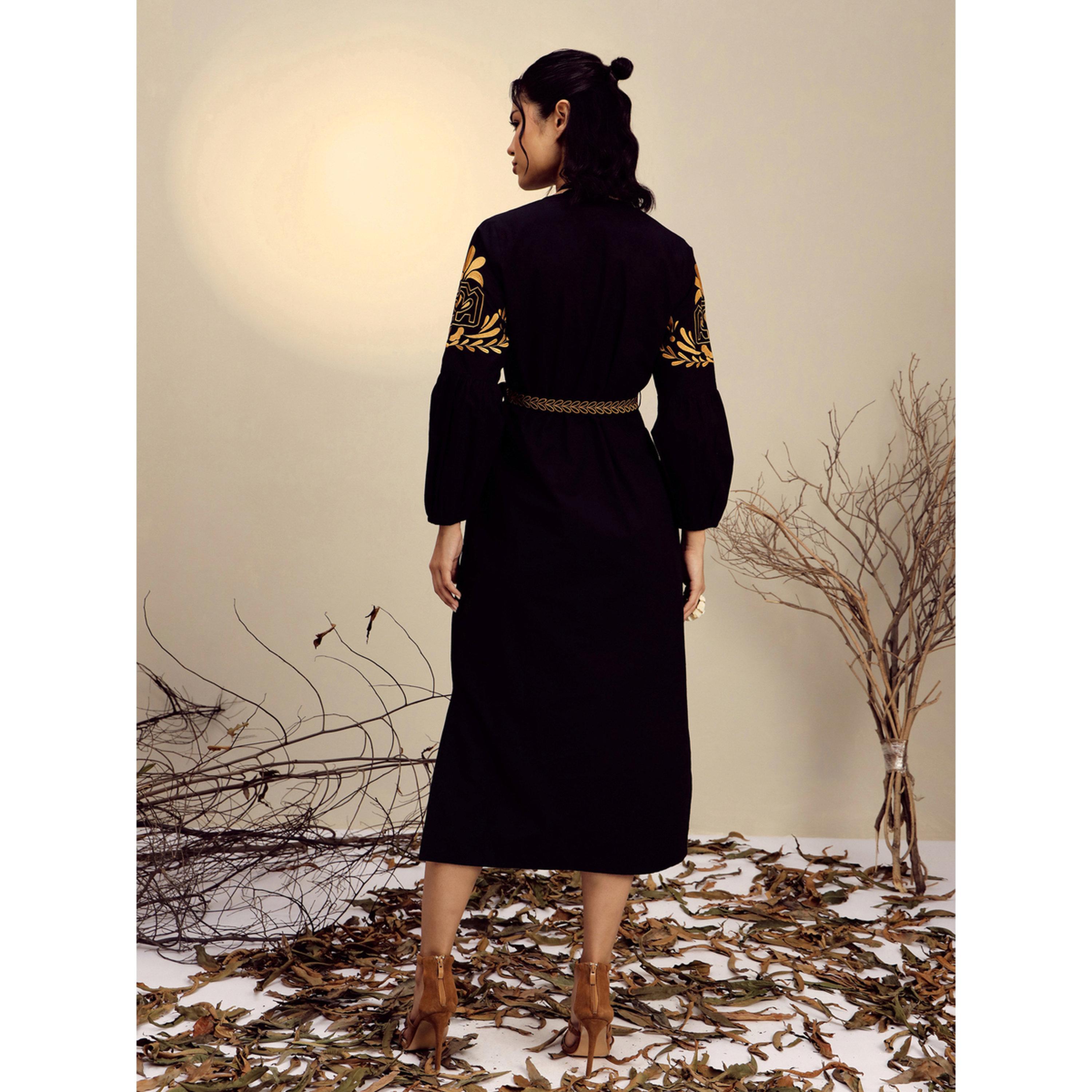 Sassafras X Styli Black Poplin Embroidered Side Slit Midi Dress-women-clothing-dresses-image-5