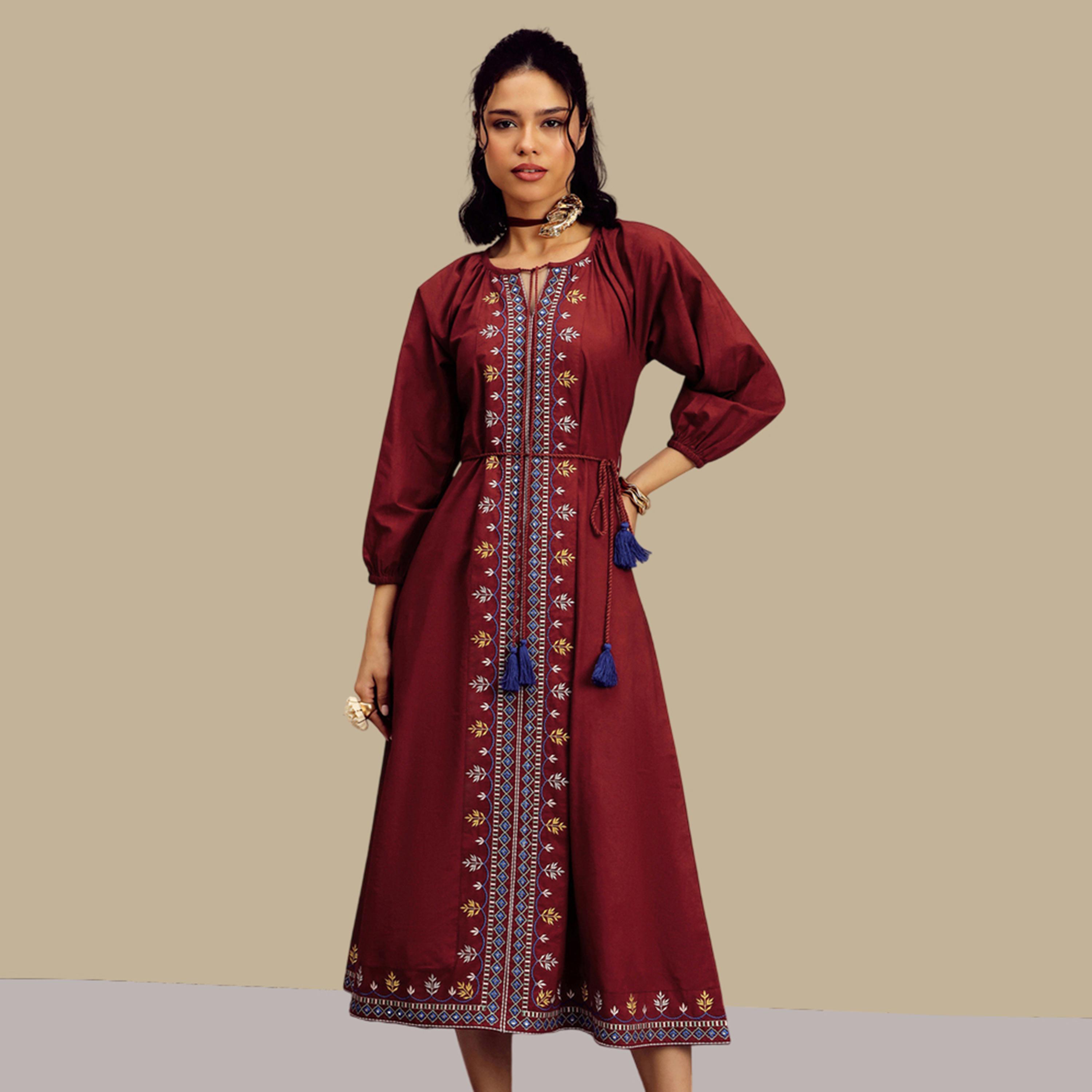 Sassafras X Styli Maroon Poplin Embroidered Front Dori Midi Dress-women-clothing-dresses-image-1