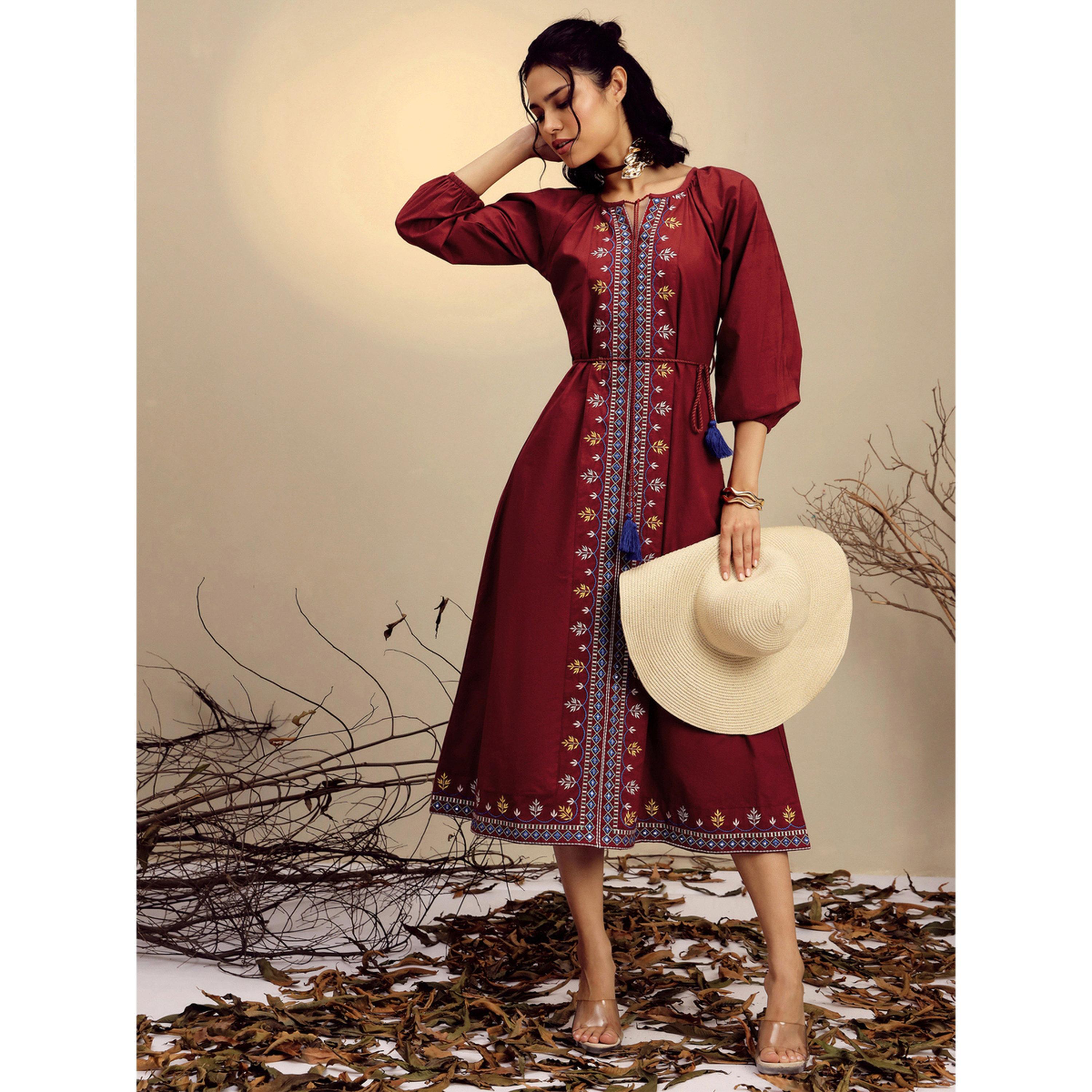 Sassafras X Styli Maroon Poplin Embroidered Front Dori Midi Dress-women-clothing-dresses-image-2