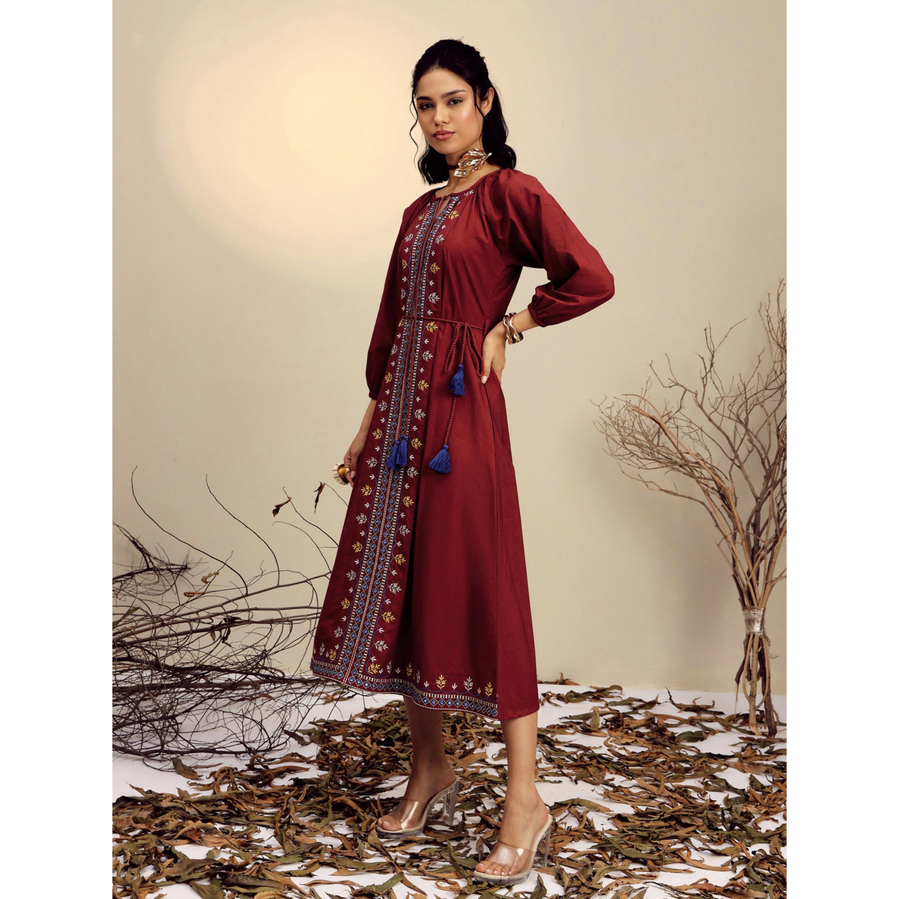 Sassafras X Styli Maroon Poplin Embroidered Front Dori Midi Dress-women-clothing-dresses-image-3