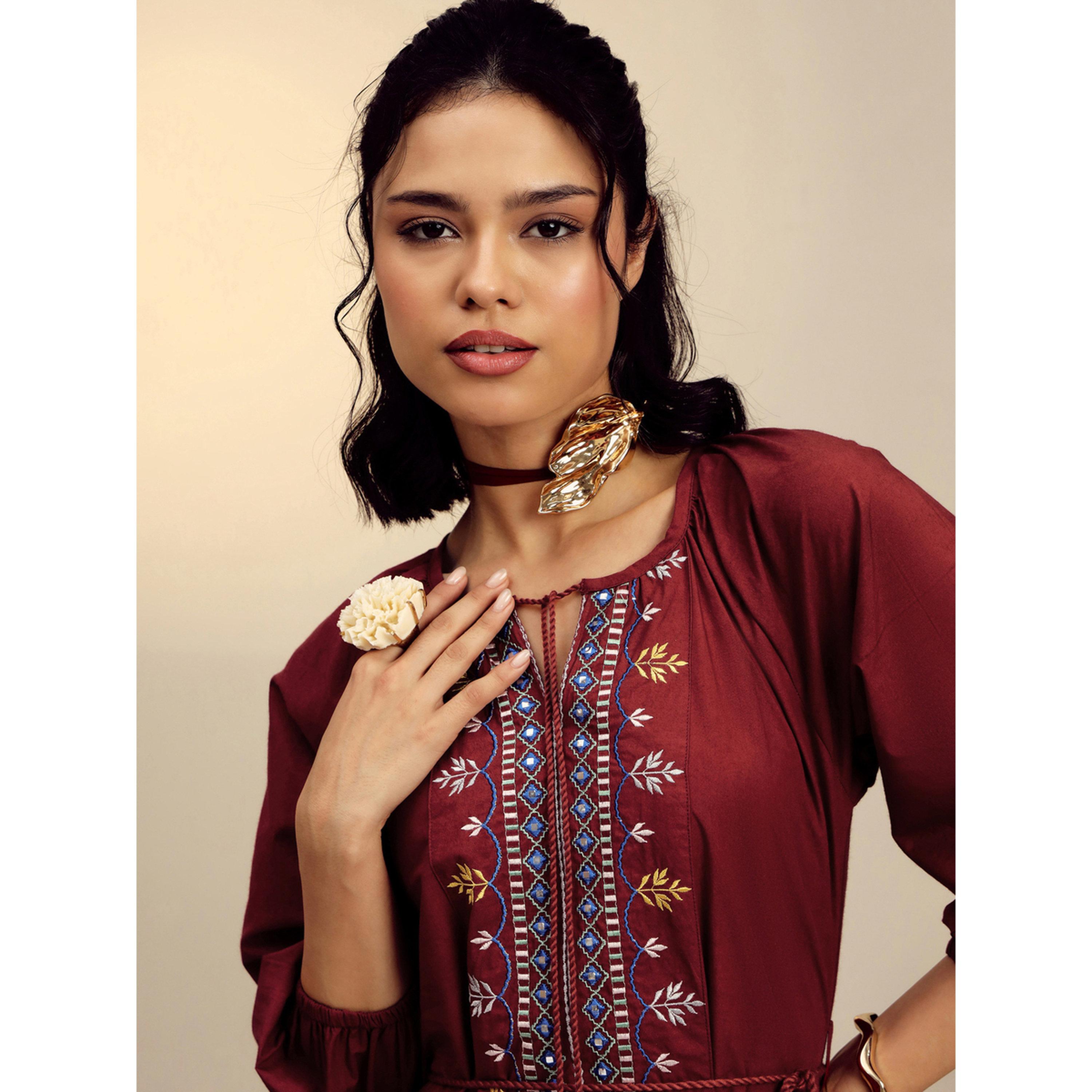 Sassafras X Styli Maroon Poplin Embroidered Front Dori Midi Dress-women-clothing-dresses-image-4
