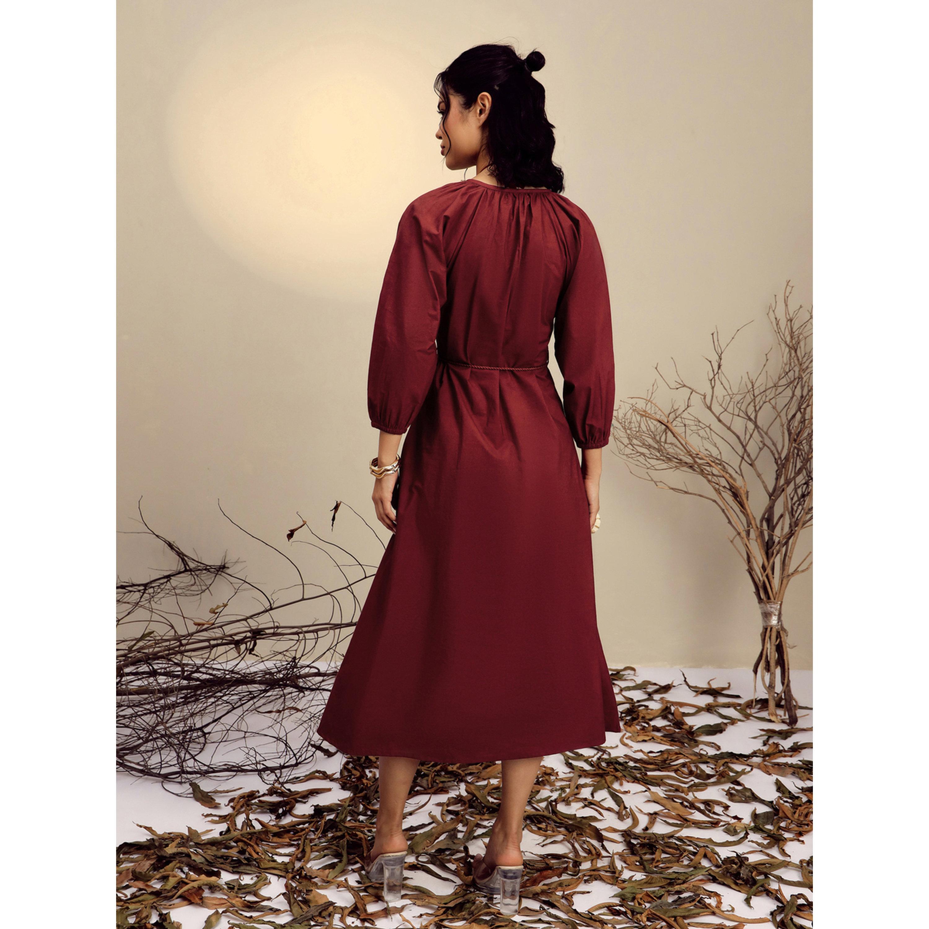 Sassafras X Styli Maroon Poplin Embroidered Front Dori Midi Dress-women-clothing-dresses-image-5
