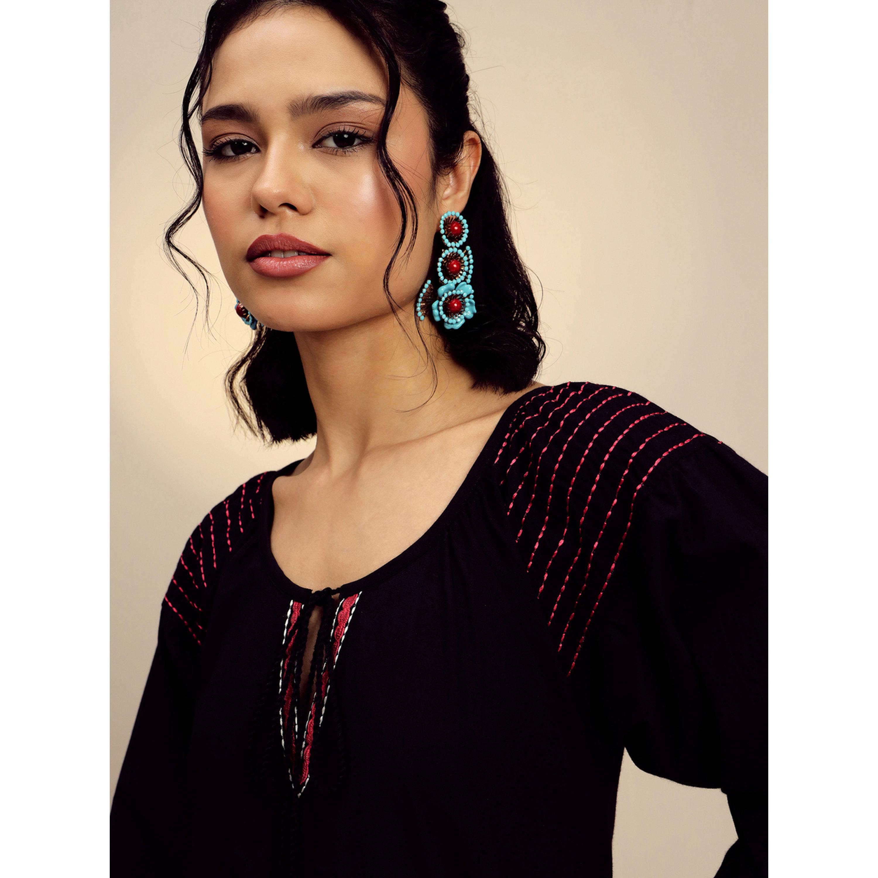 فستان قصير بوبلين مطرز أسود-women-clothing-dresses-image-6