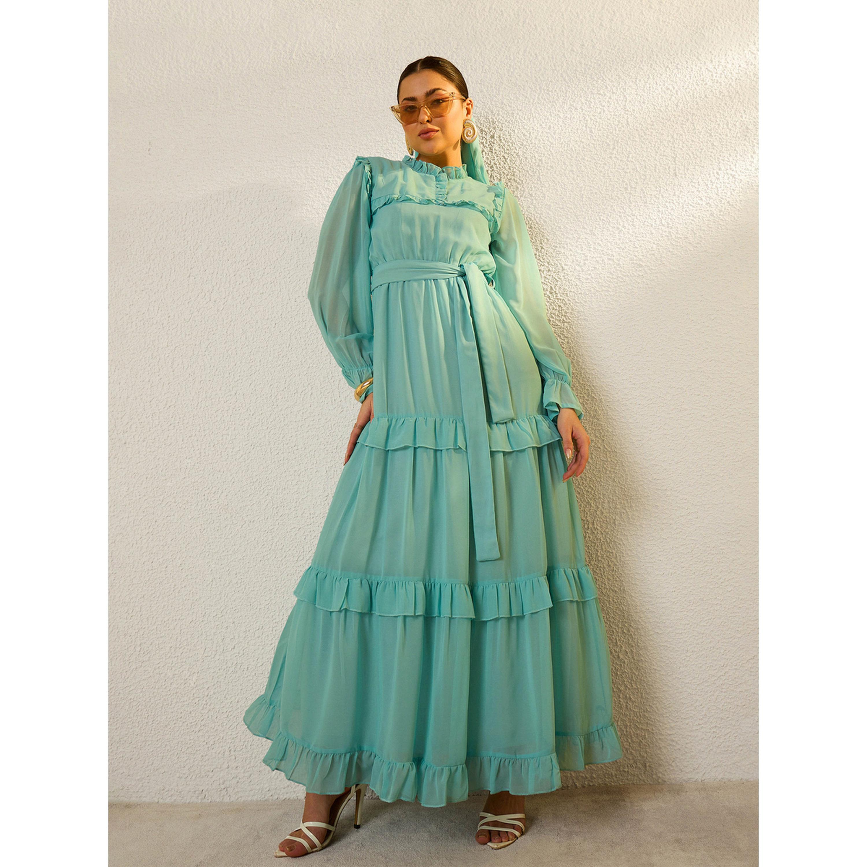 فستان طويل بكشكش وتصميم متعدد الطبقات أخضر-women-clothing-dresses-image-1