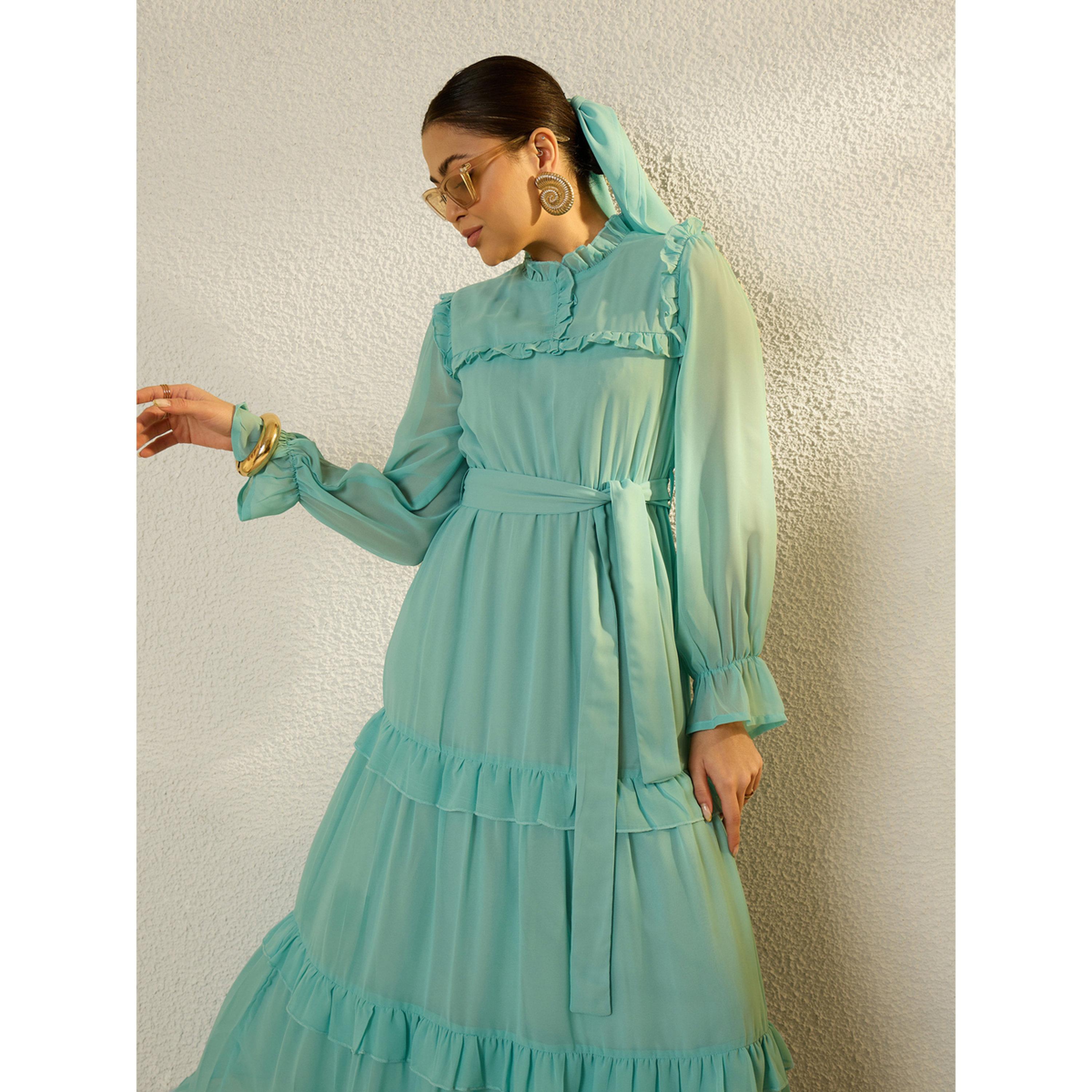 فستان طويل بكشكش وتصميم متعدد الطبقات أخضر-women-clothing-dresses-image-2