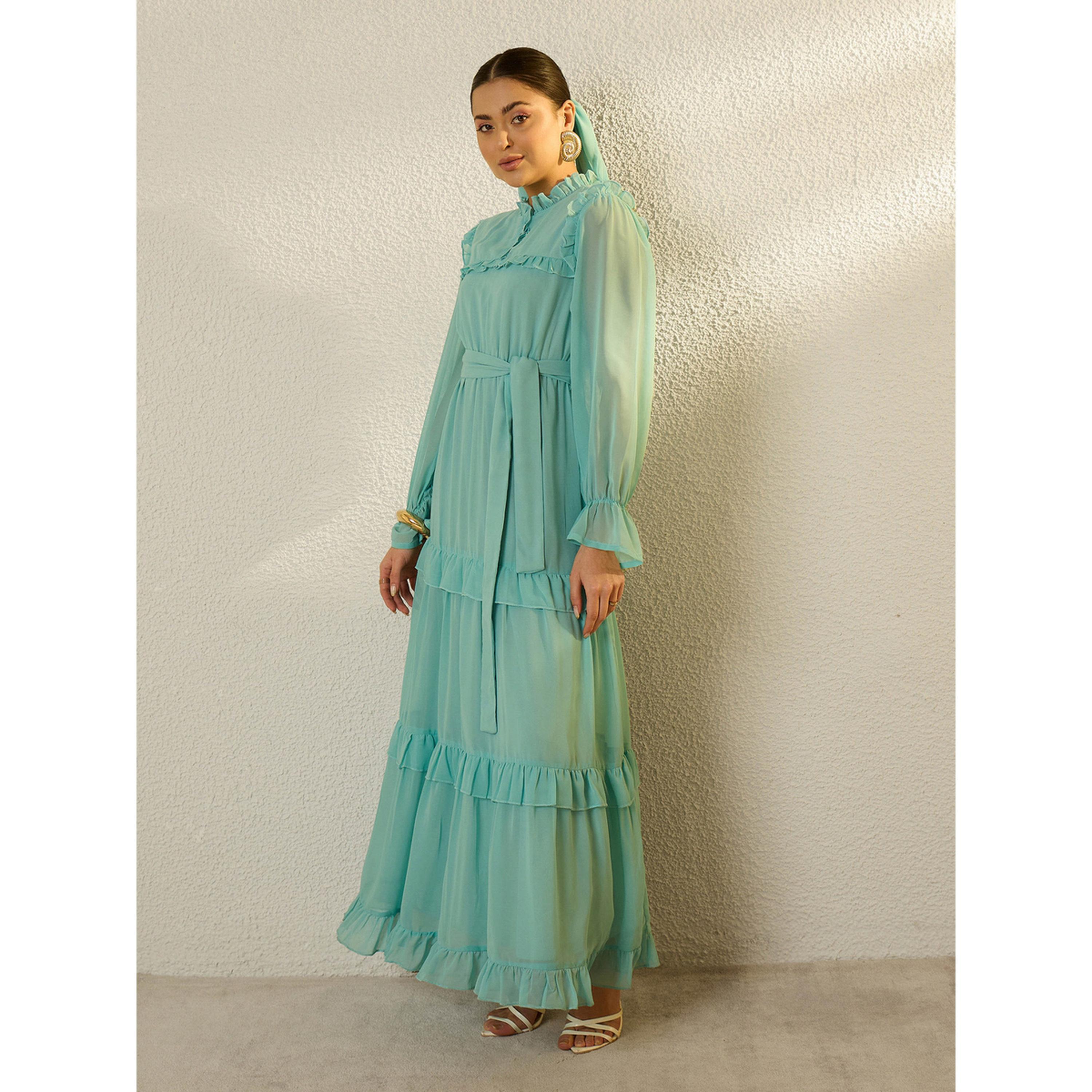 فستان طويل بكشكش وتصميم متعدد الطبقات أخضر-women-clothing-dresses-image-3
