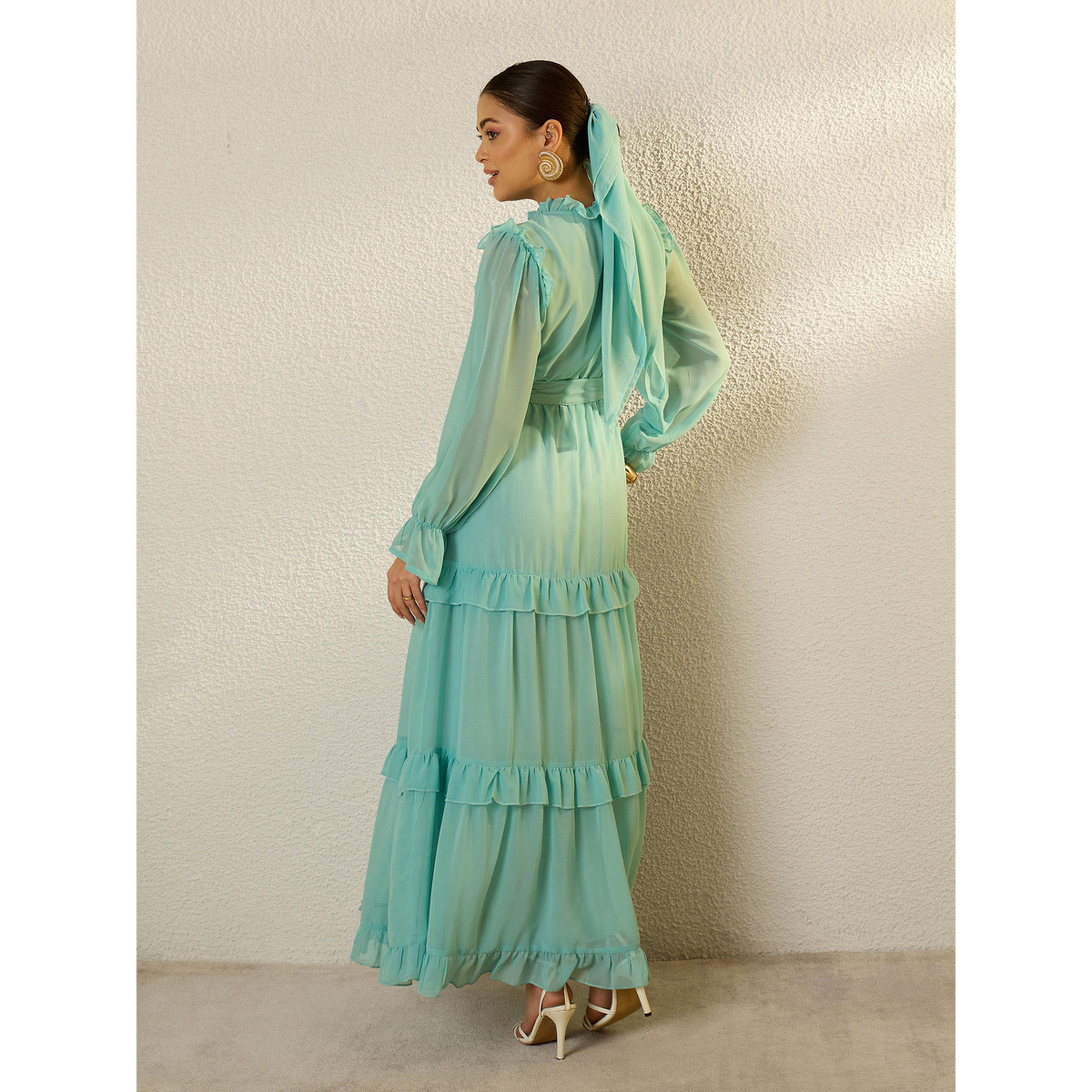 فستان طويل بكشكش وتصميم متعدد الطبقات أخضر-women-clothing-dresses-image-5