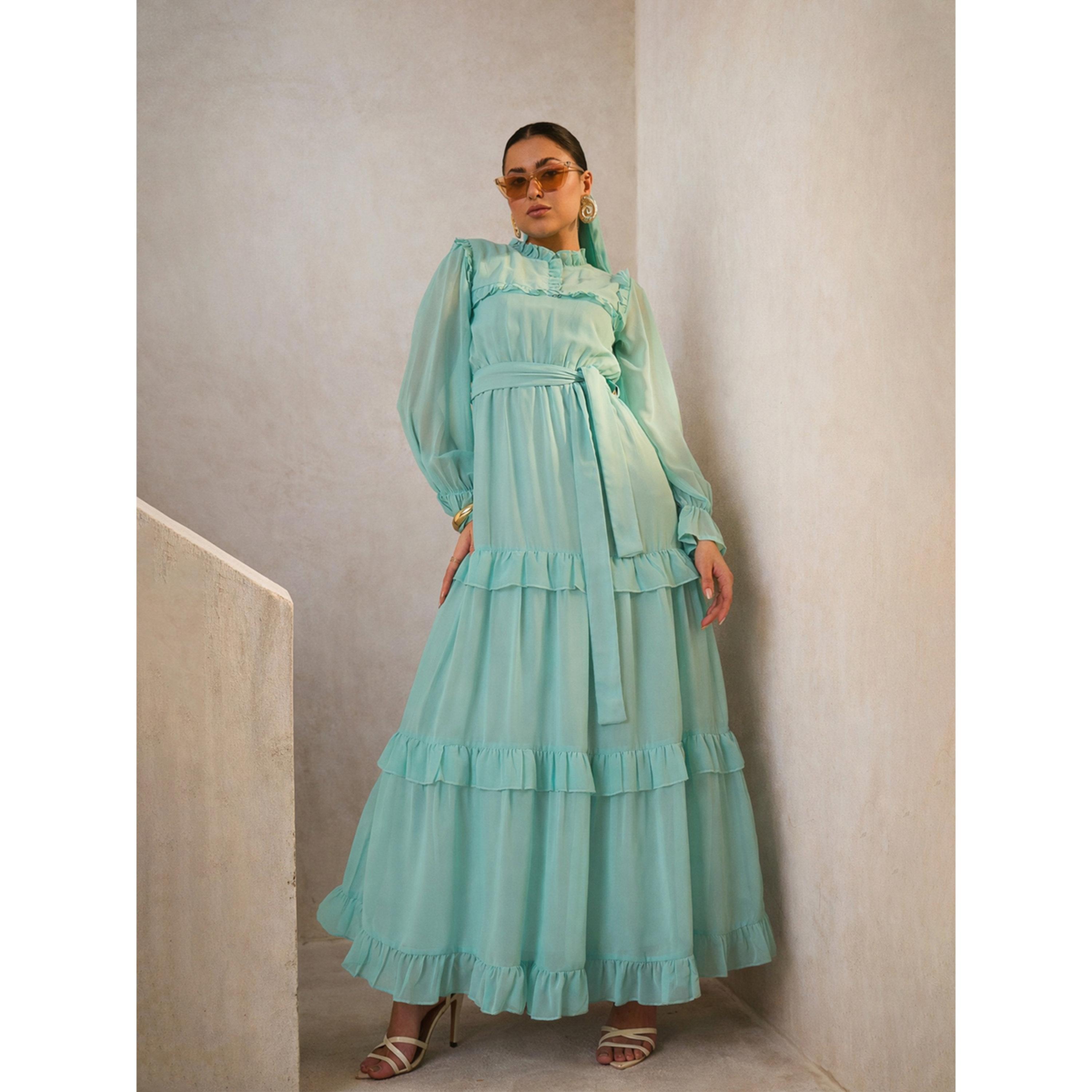 فستان طويل بكشكش وتصميم متعدد الطبقات أخضر-women-clothing-dresses-image-6