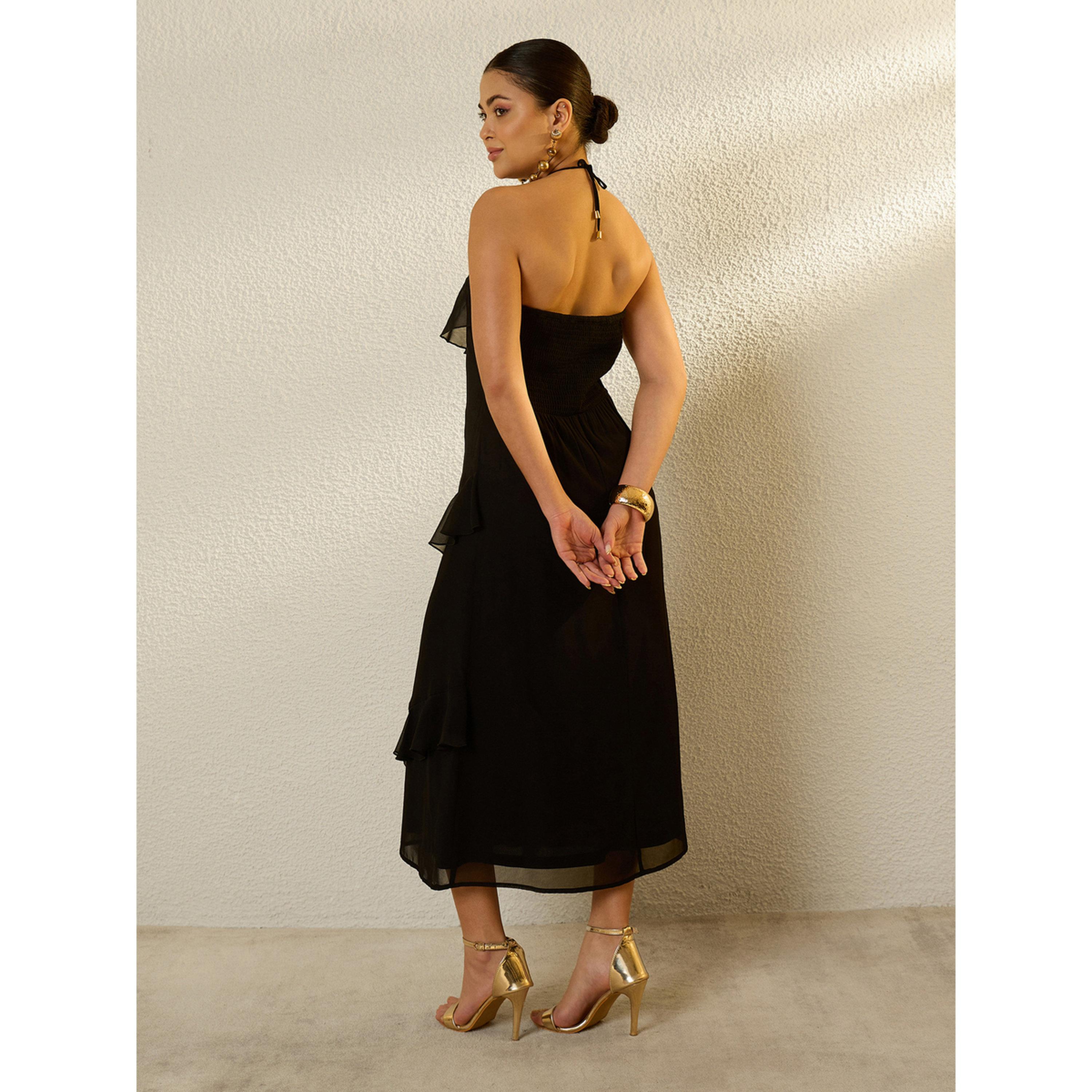 فستان ميدي بكشكش وياقة هولتر أسود-women-clothing-dresses-image-5