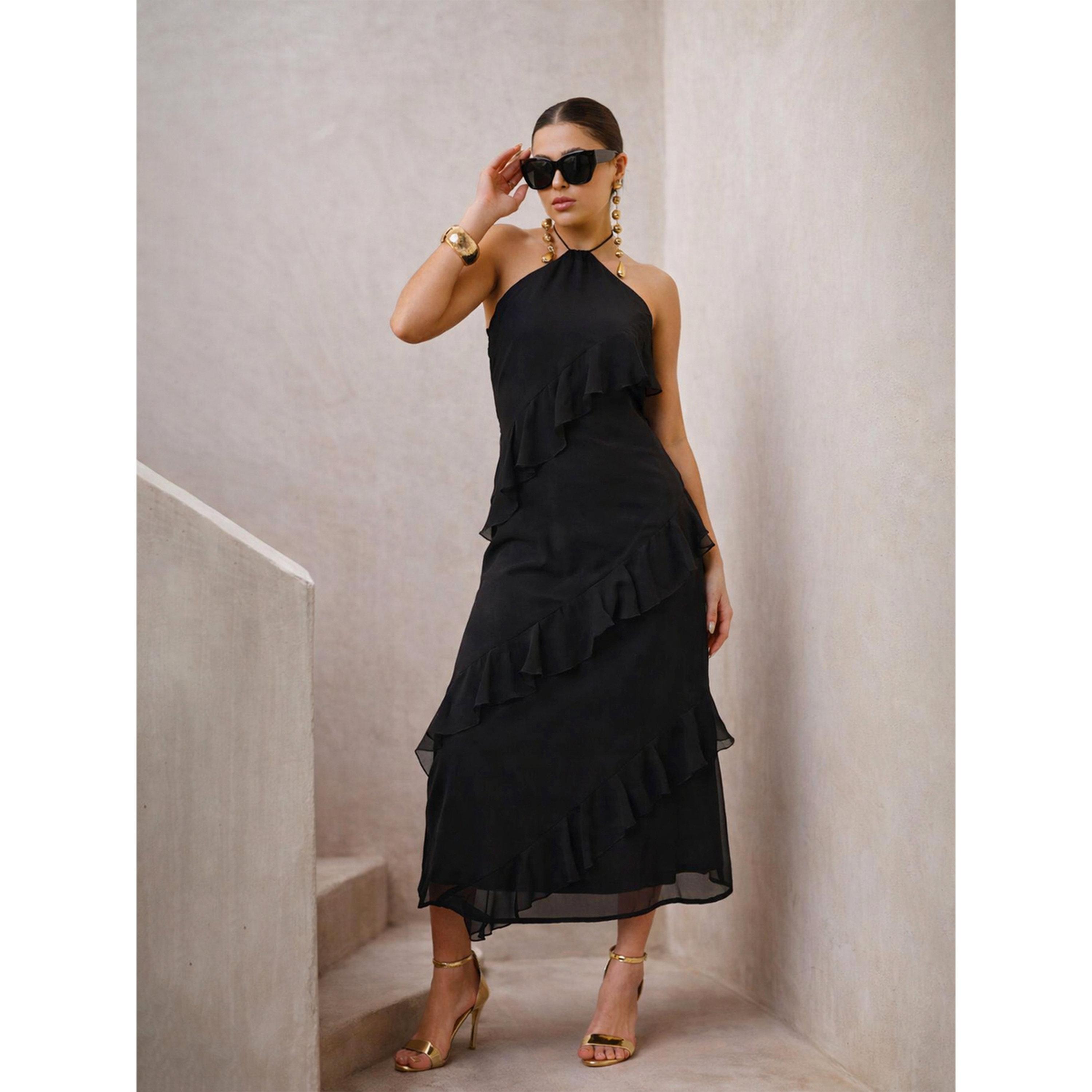 فستان ميدي بكشكش وياقة هولتر أسود-women-clothing-dresses-image-6