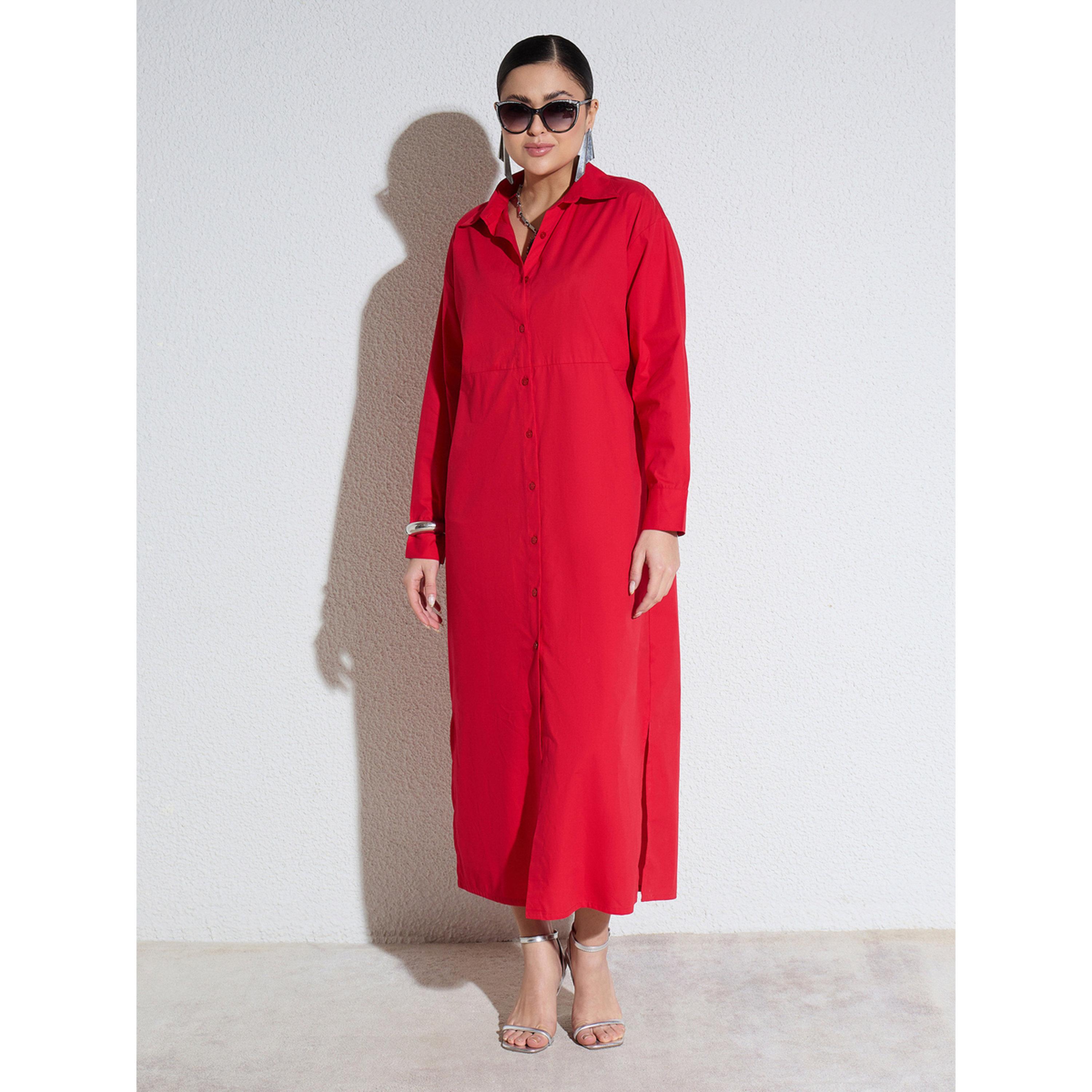 فستان طويل بوبلين بنمط بلوزة وأزرار أحمر-women-clothing-dresses-image-1