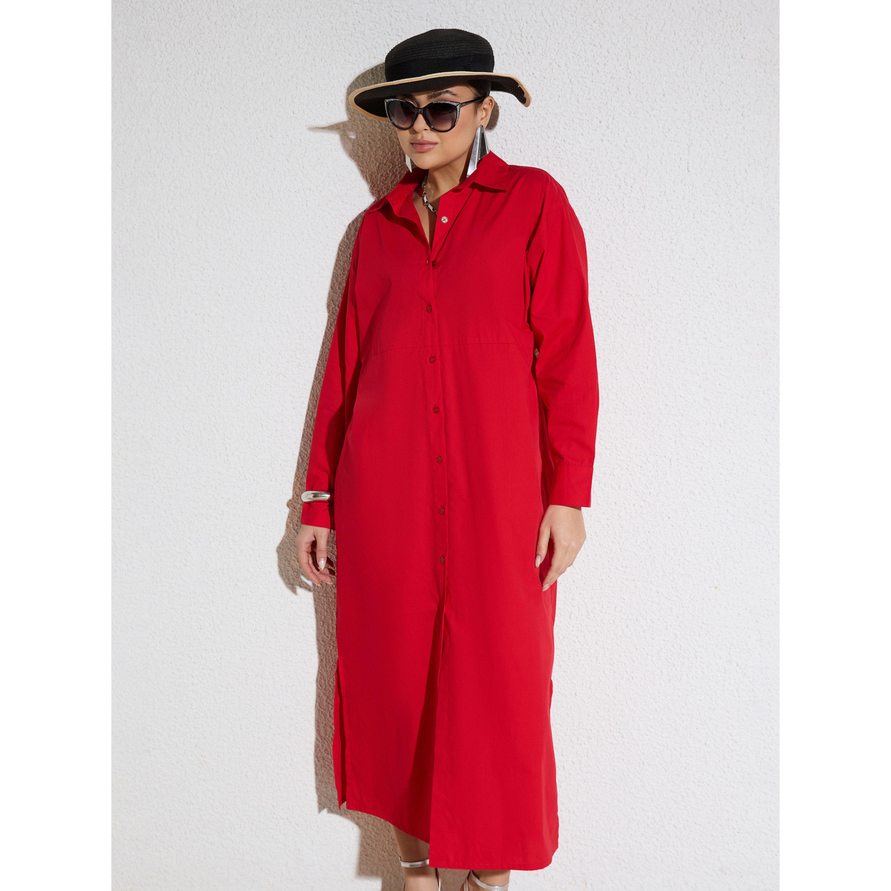 فستان طويل بوبلين بنمط بلوزة وأزرار أحمر-women-clothing-dresses-image-2