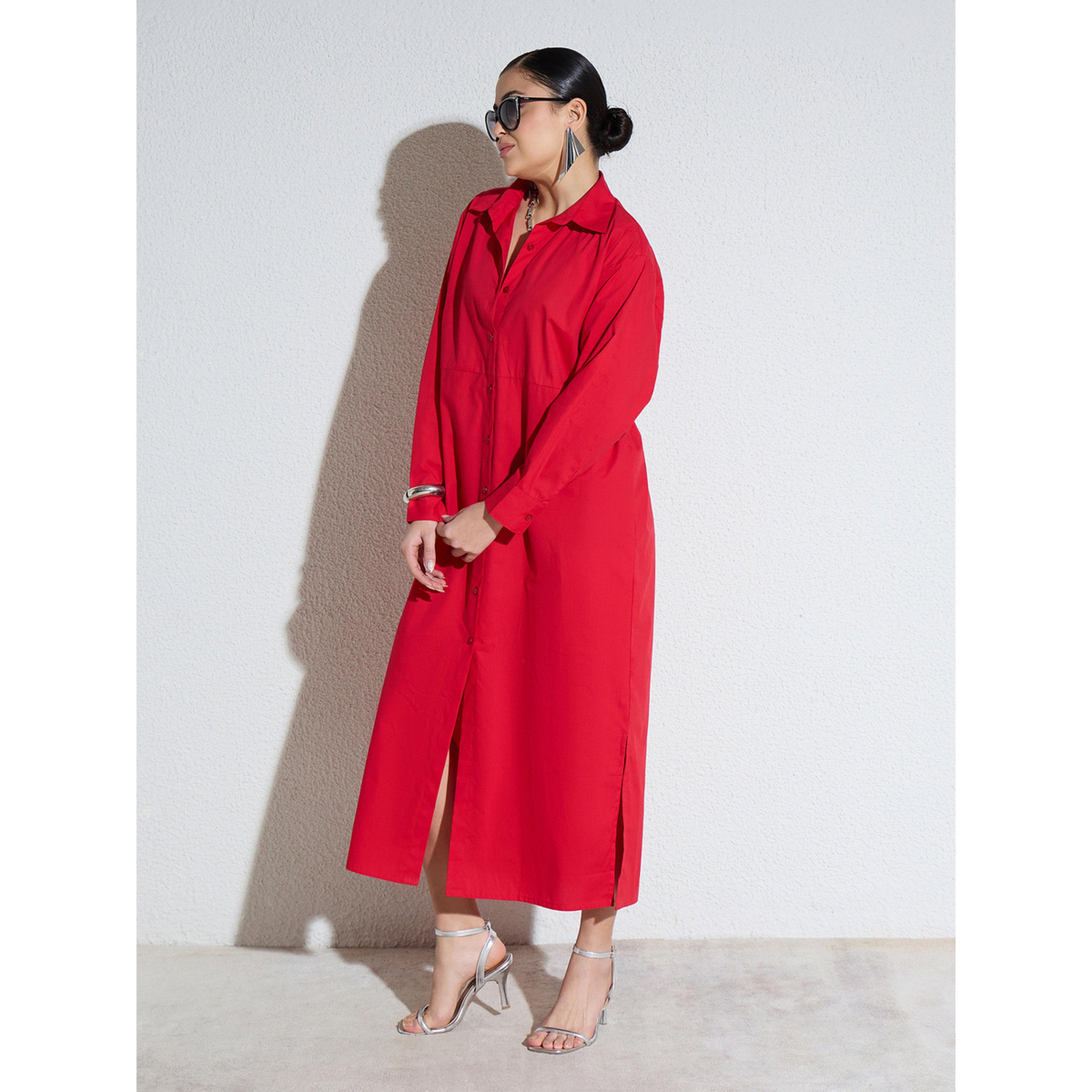 فستان طويل بوبلين بنمط بلوزة وأزرار أحمر-women-clothing-dresses-image-3