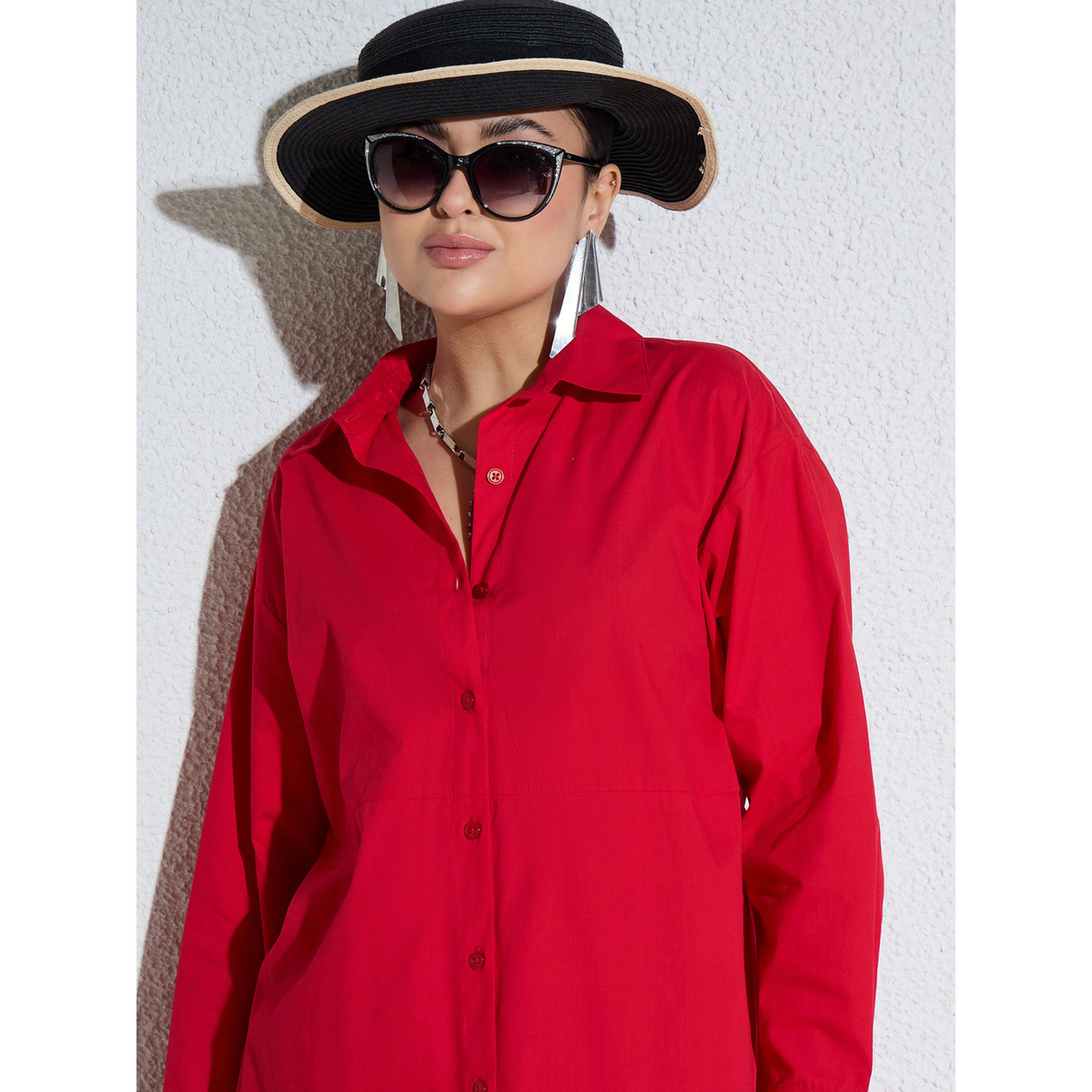 فستان طويل بوبلين بنمط بلوزة وأزرار أحمر-women-clothing-dresses-image-4