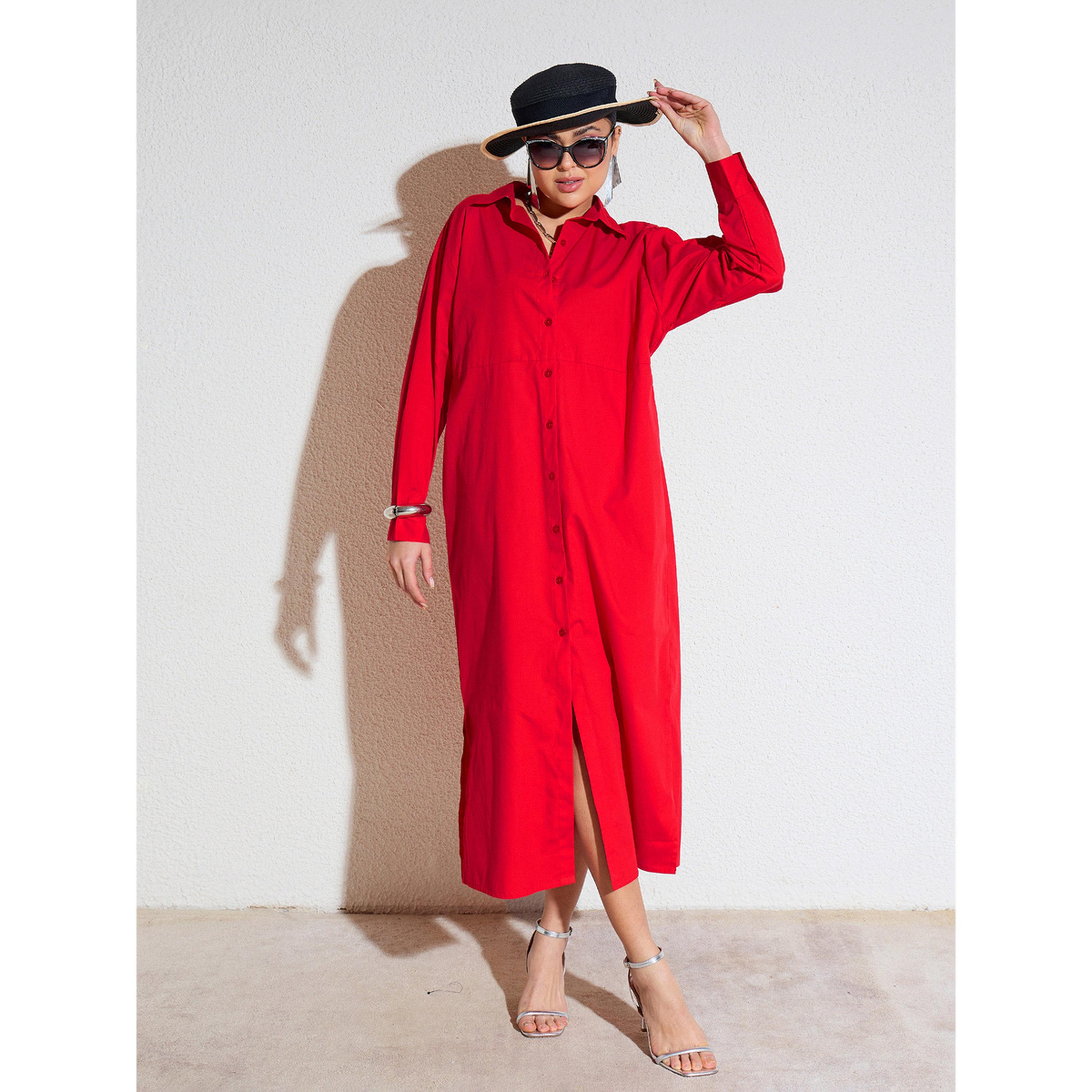 فستان طويل بوبلين بنمط بلوزة وأزرار أحمر-women-clothing-dresses-image-6
