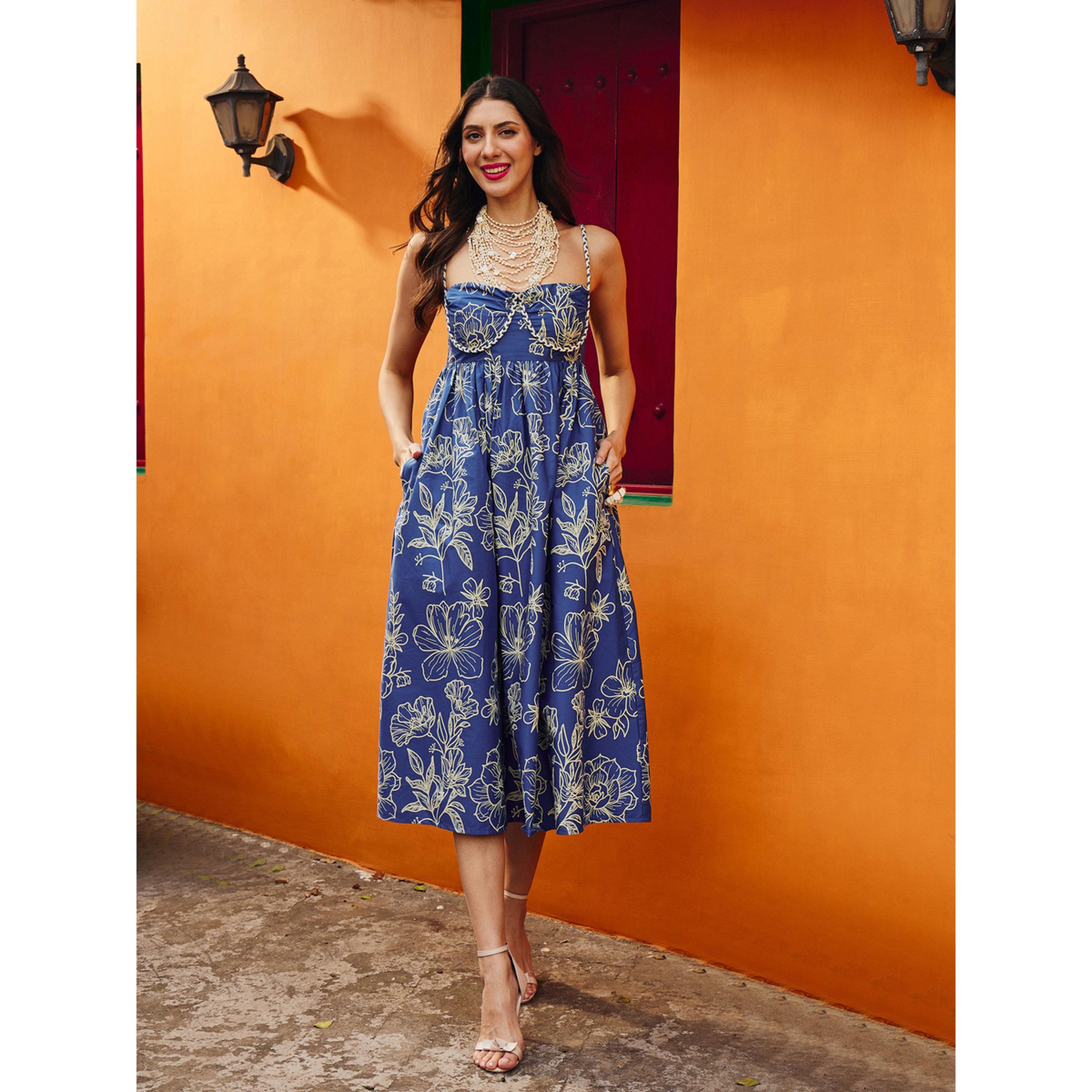 فستان ميدي بسيور وطبعة زهور أزرق-women-clothing-dresses-image-1