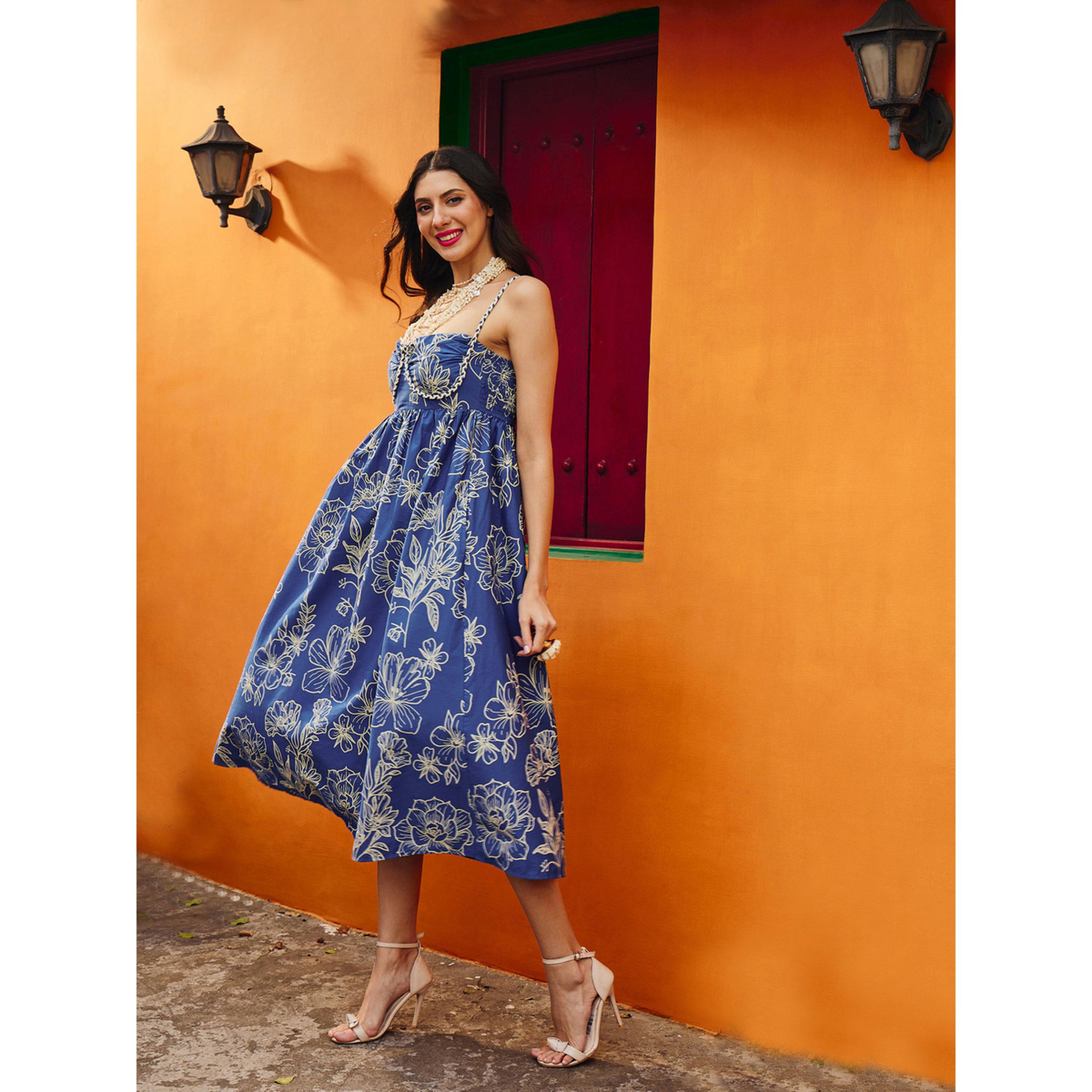 فستان ميدي بسيور وطبعة زهور أزرق-women-clothing-dresses-image-3