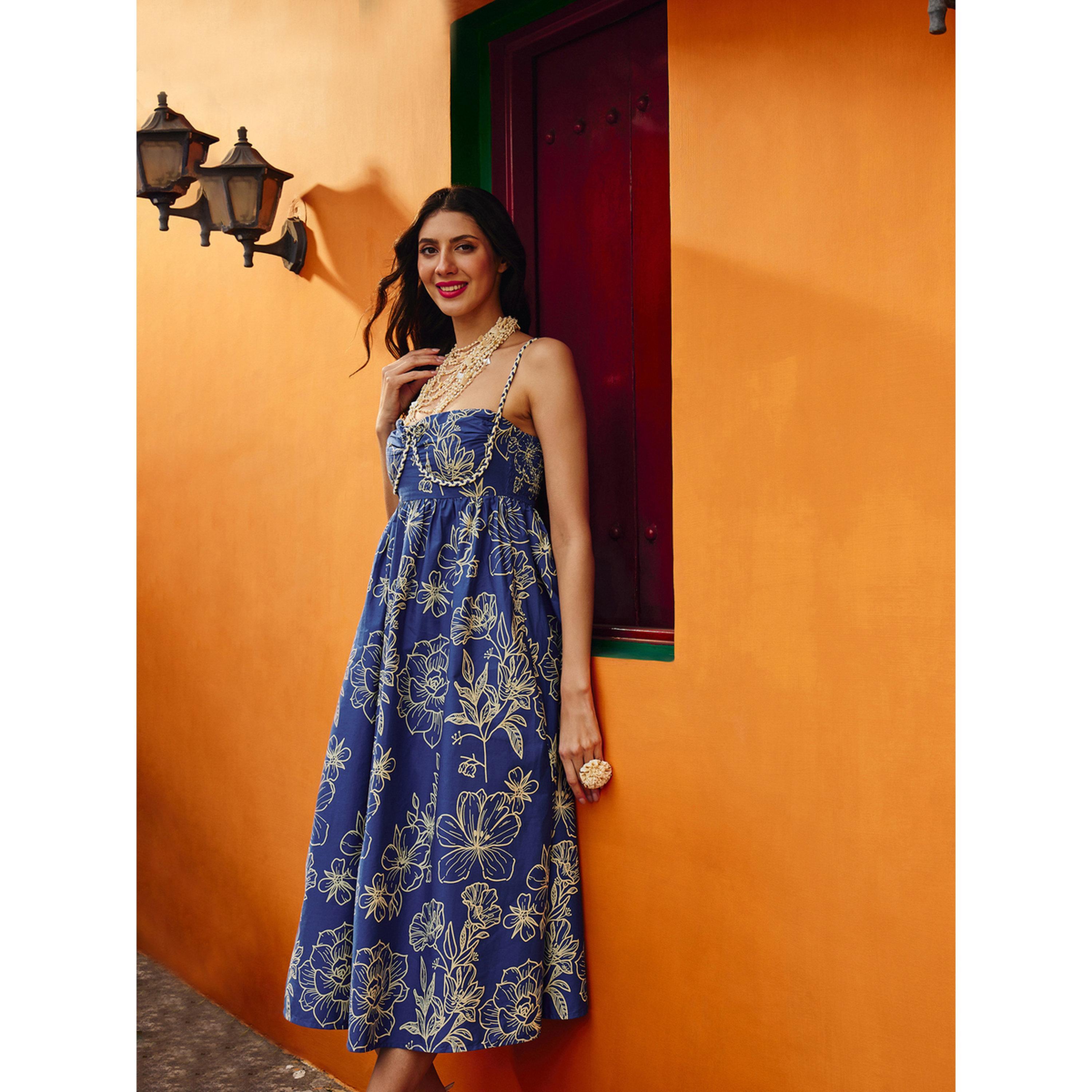 فستان ميدي بسيور وطبعة زهور أزرق-women-clothing-dresses-image-4