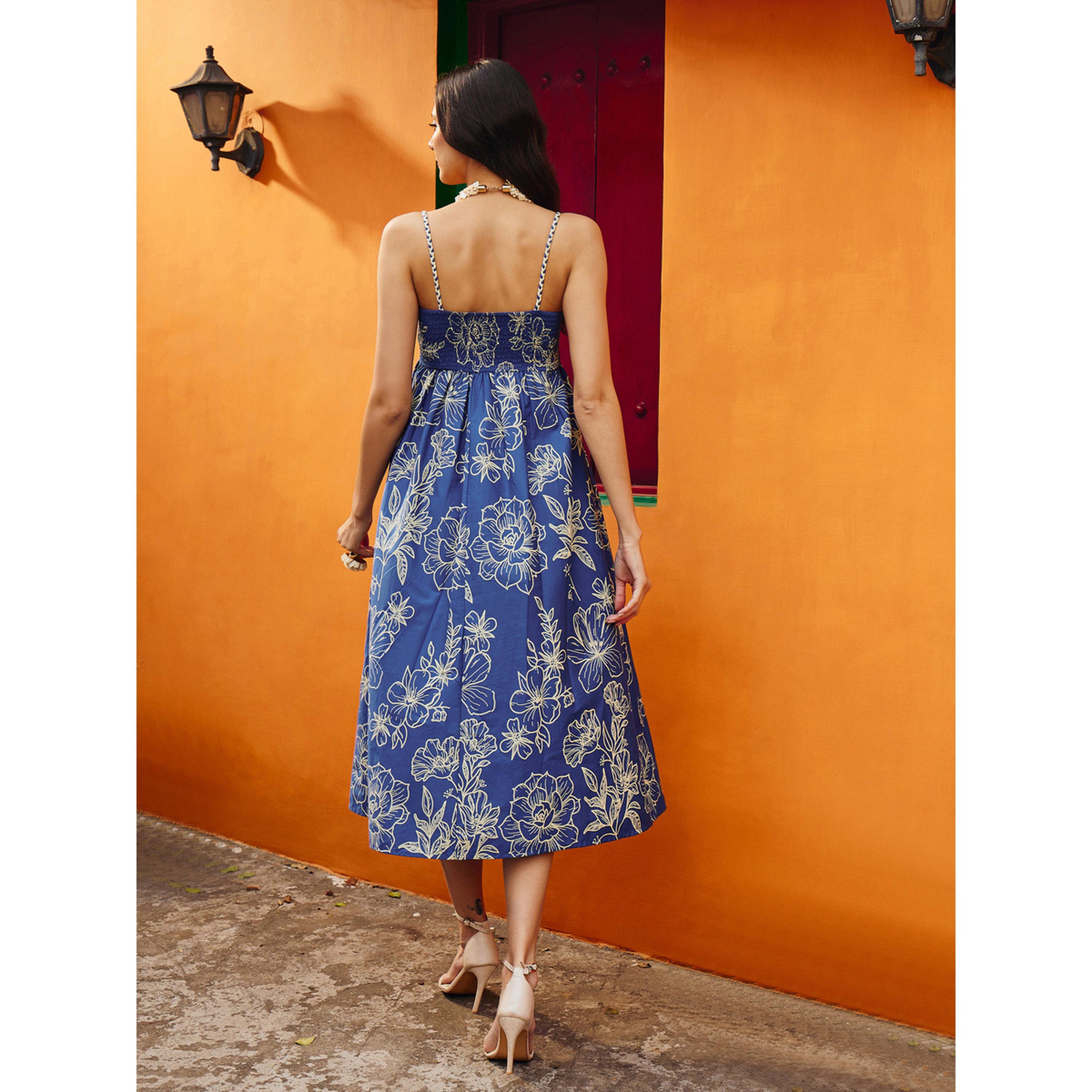 فستان ميدي بسيور وطبعة زهور أزرق-women-clothing-dresses-image-5