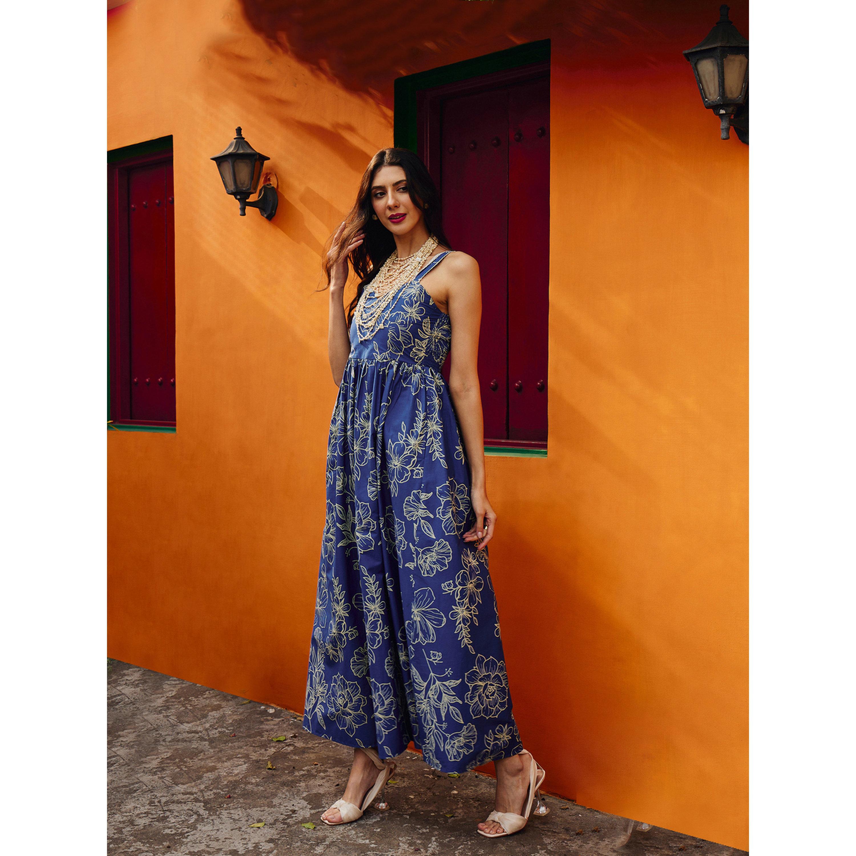 Sassafras X Styli Blue Floral Print Strappy Maxi Dress-women-clothing-dresses-image-1