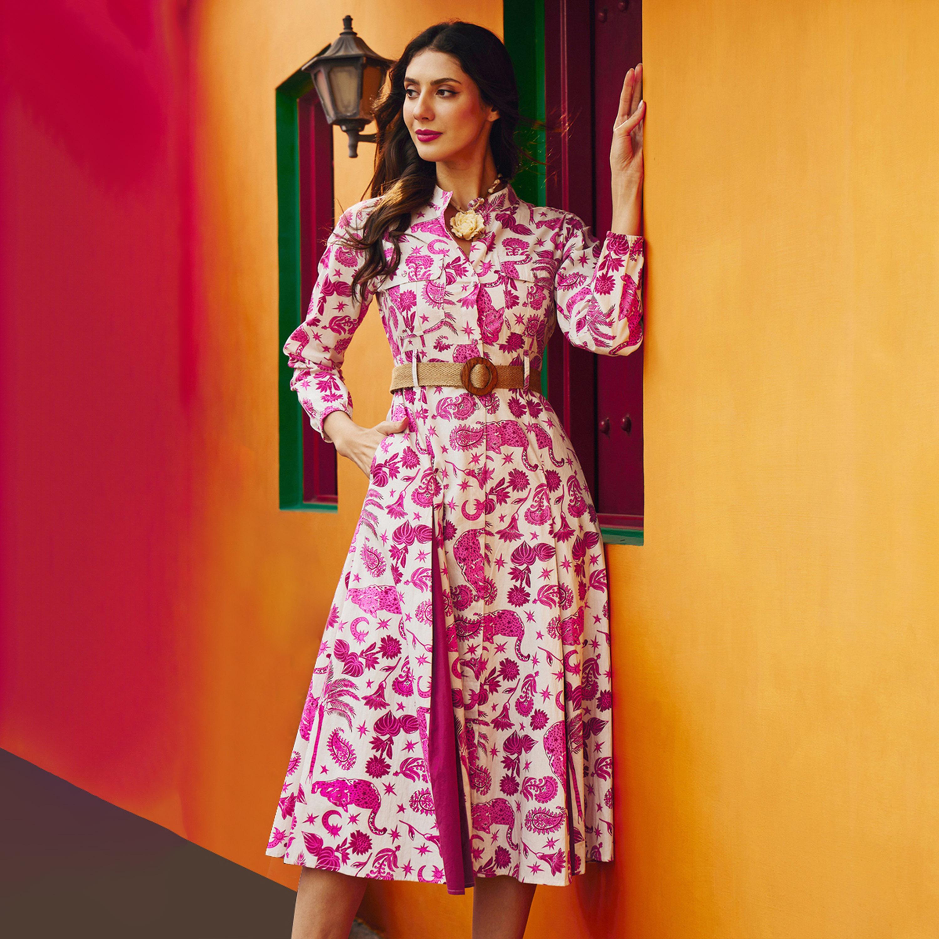 فستان ميدي بكسرات وطبعة كاملة وردي-women-clothing-dresses-image-1