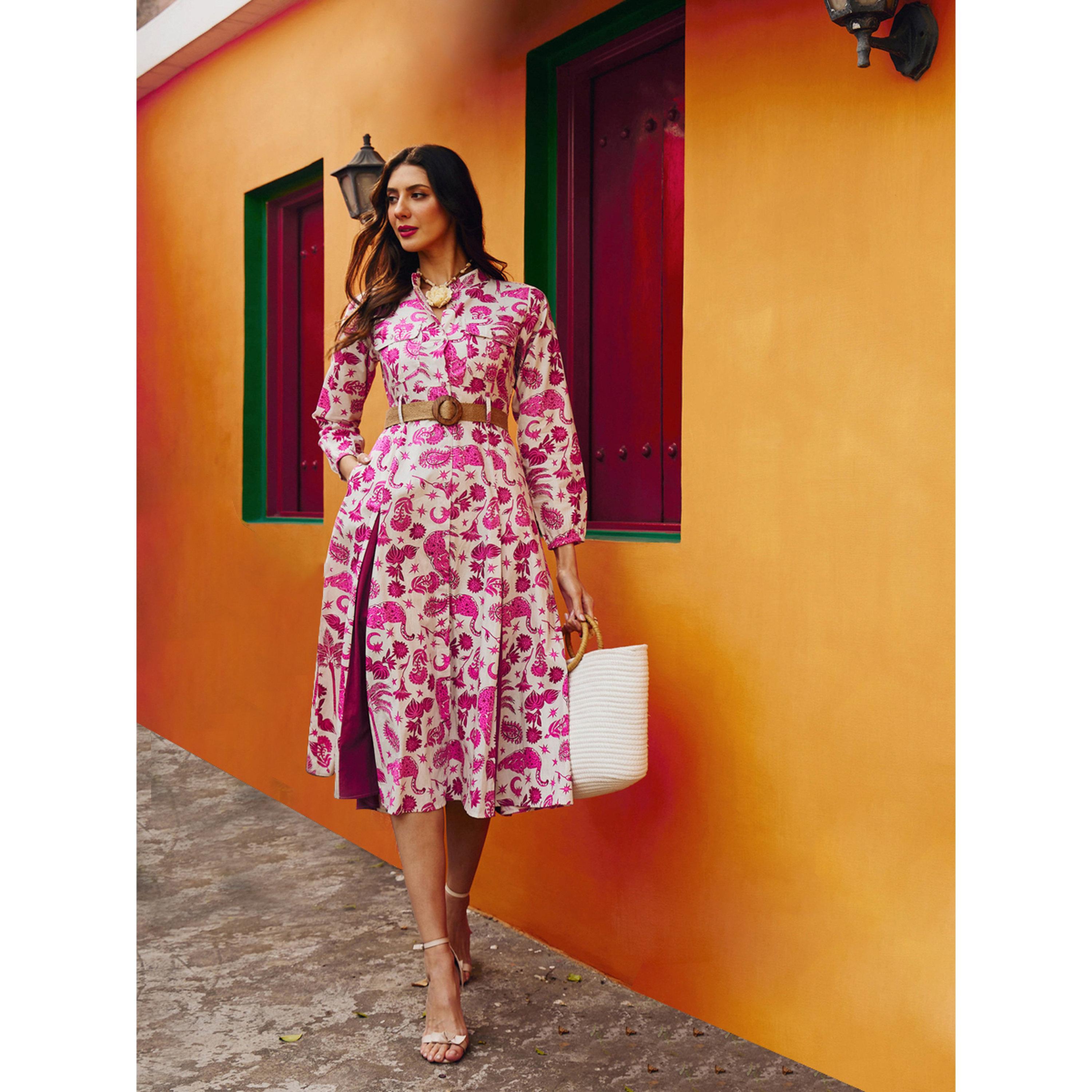 فستان ميدي بكسرات وطبعة كاملة وردي-women-clothing-dresses-image-2