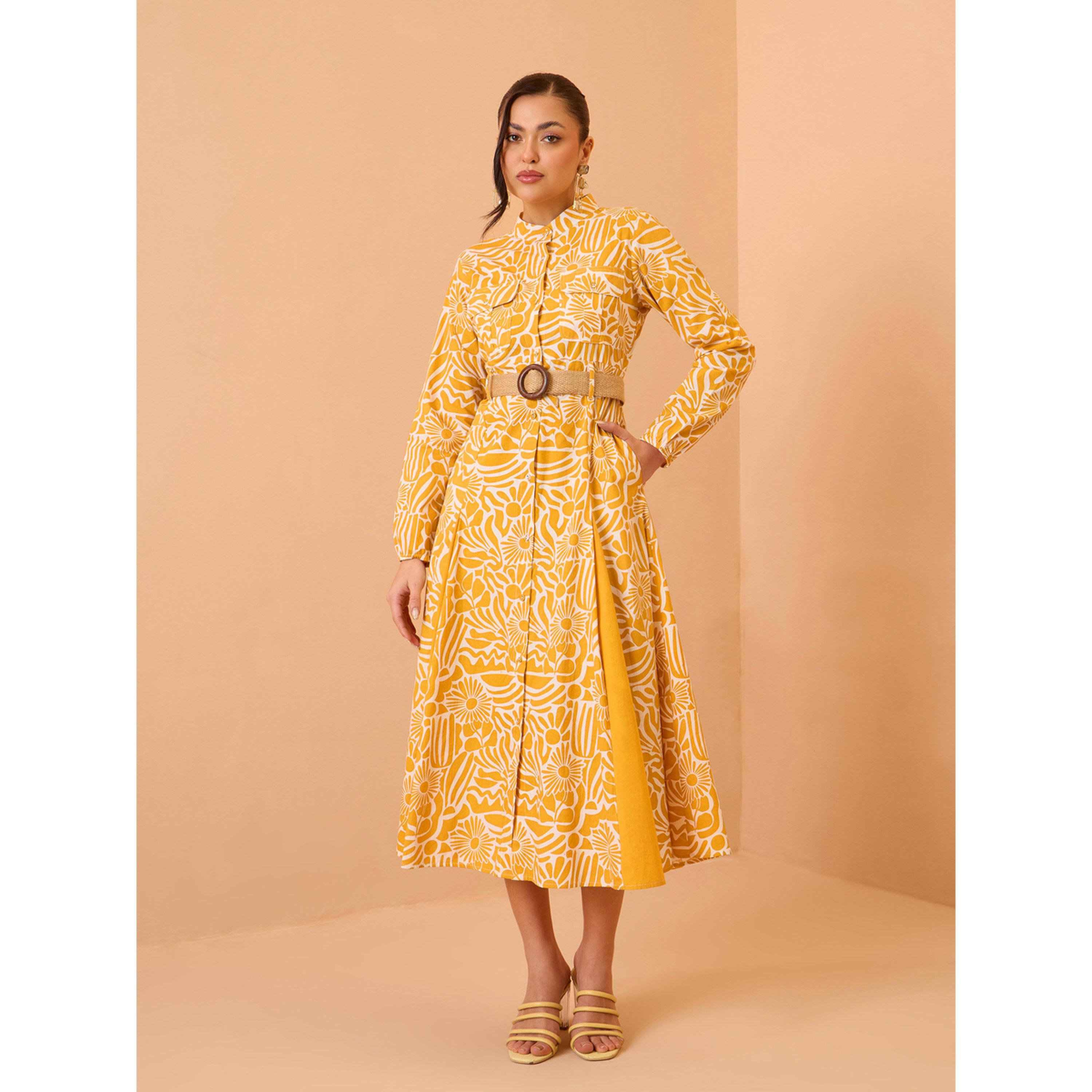 Sassafras X Styli Yellow All Over Print Pleated Midi Dress-women-clothing-dresses-image-1