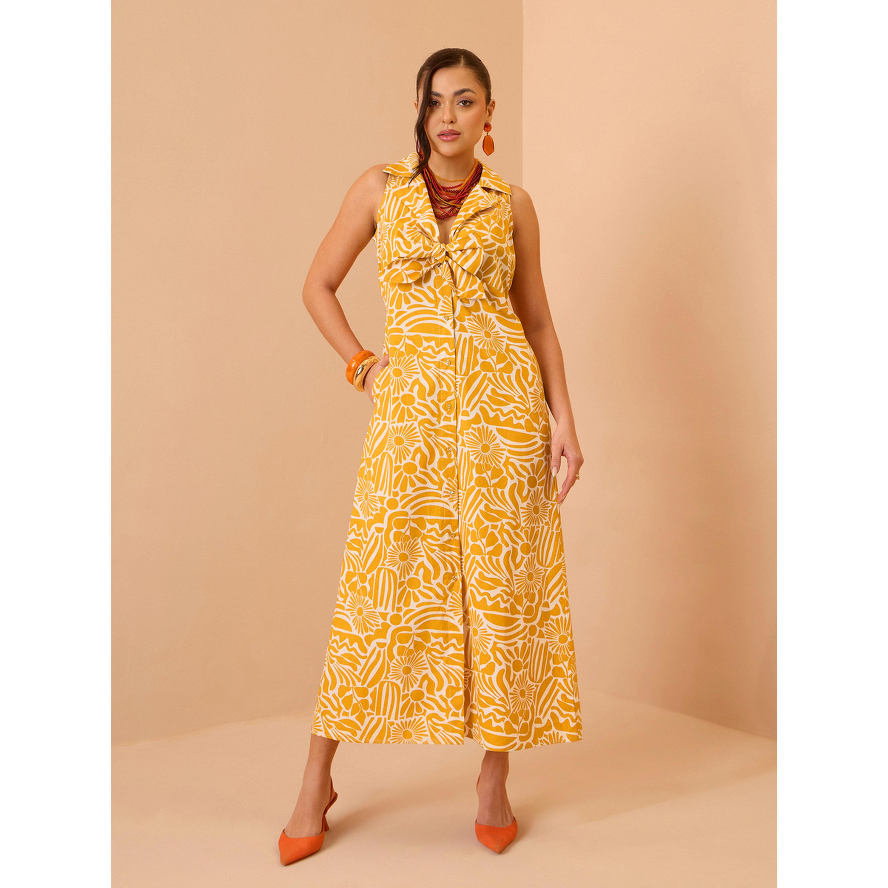 فستان ميدي بتفاصيل فيونكة وطبعة كاملة أصفر-women-clothing-dresses-image-1