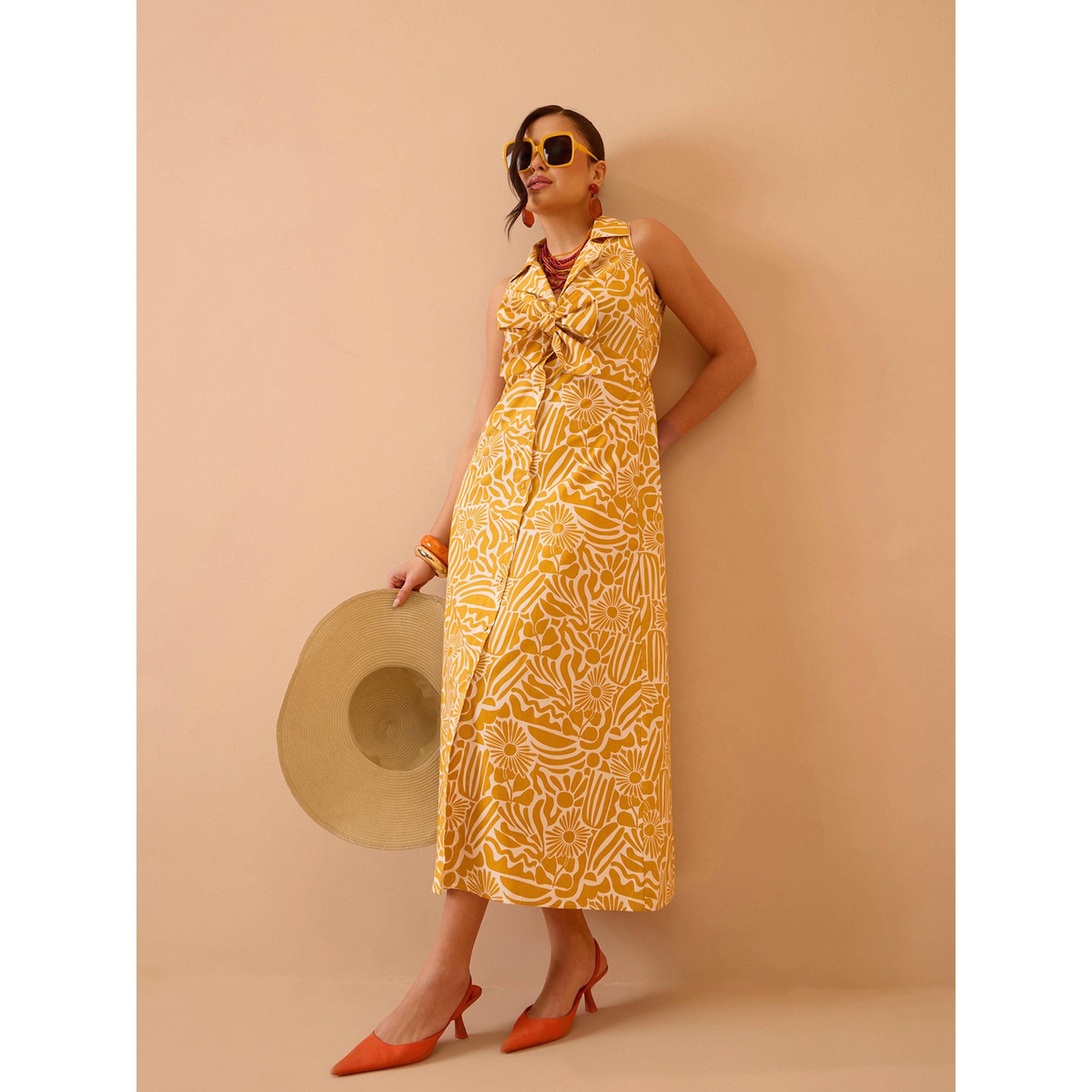 فستان ميدي بتفاصيل فيونكة وطبعة كاملة أصفر-women-clothing-dresses-image-2