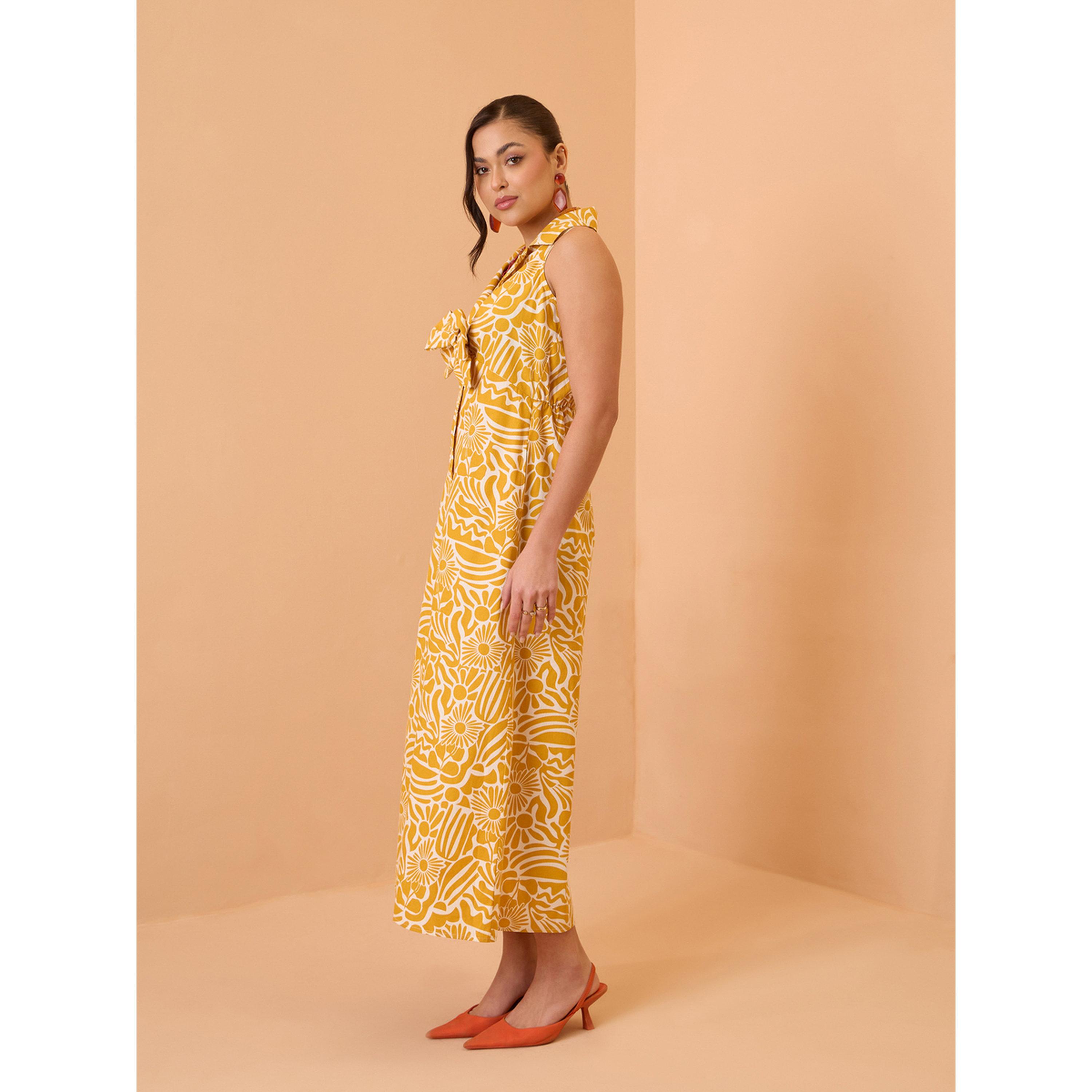 فستان ميدي بتفاصيل فيونكة وطبعة كاملة أصفر-women-clothing-dresses-image-3
